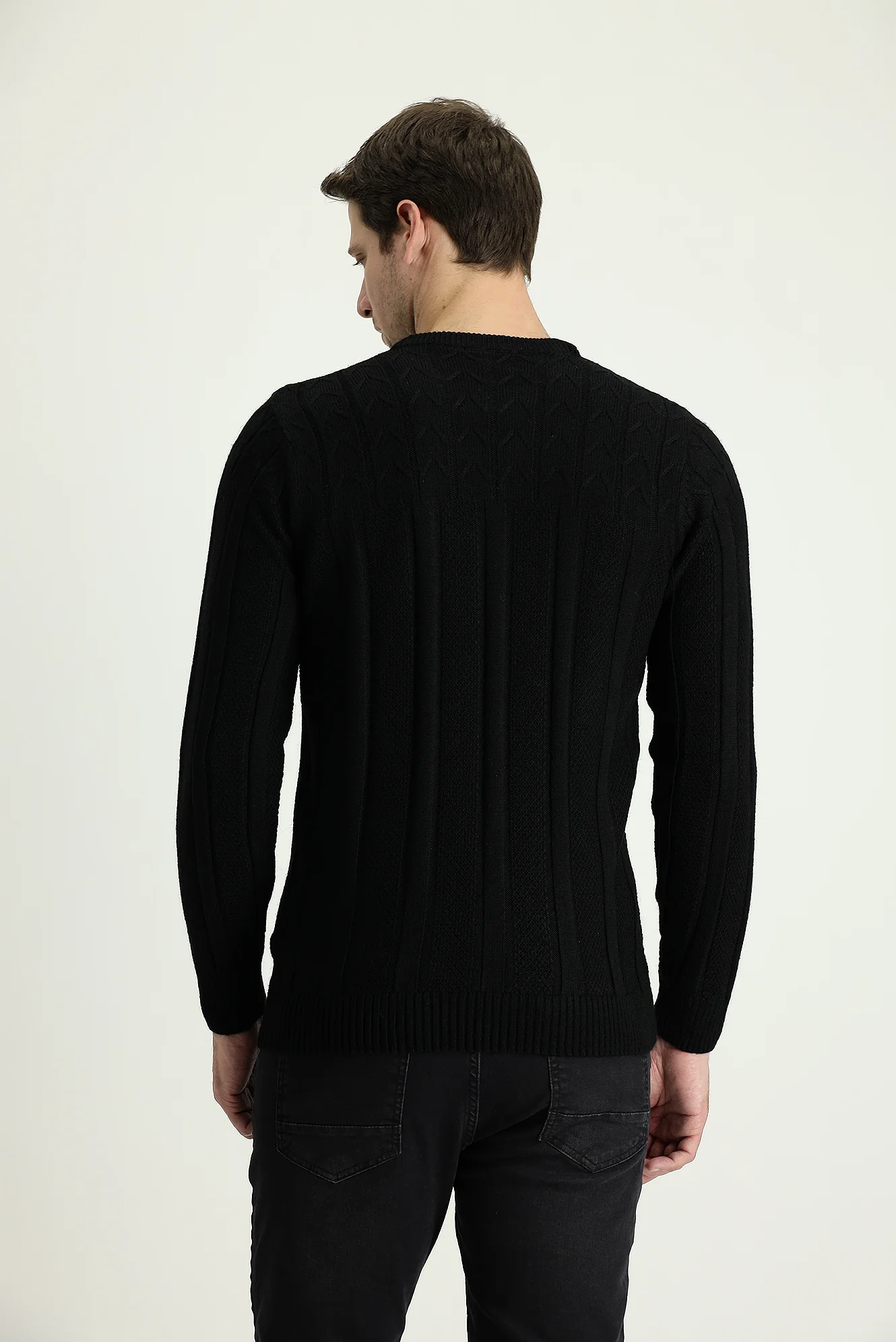 Siyah Bisiklet Yaka Regular Fit Desenli Triko Kazak - Image 3