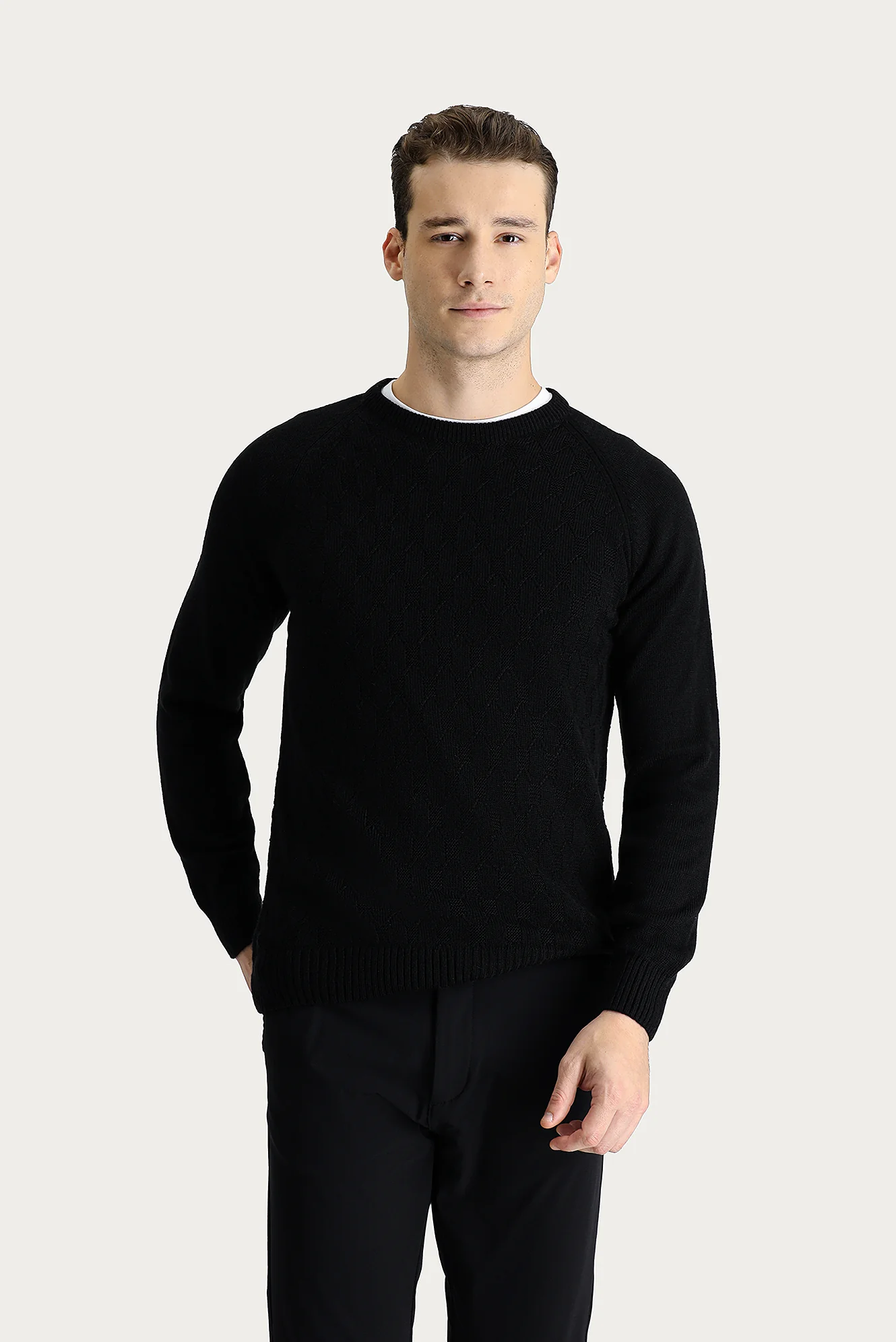 Siyah Bisiklet Yaka Regular Fit Desenli Triko Kazak - Image 4