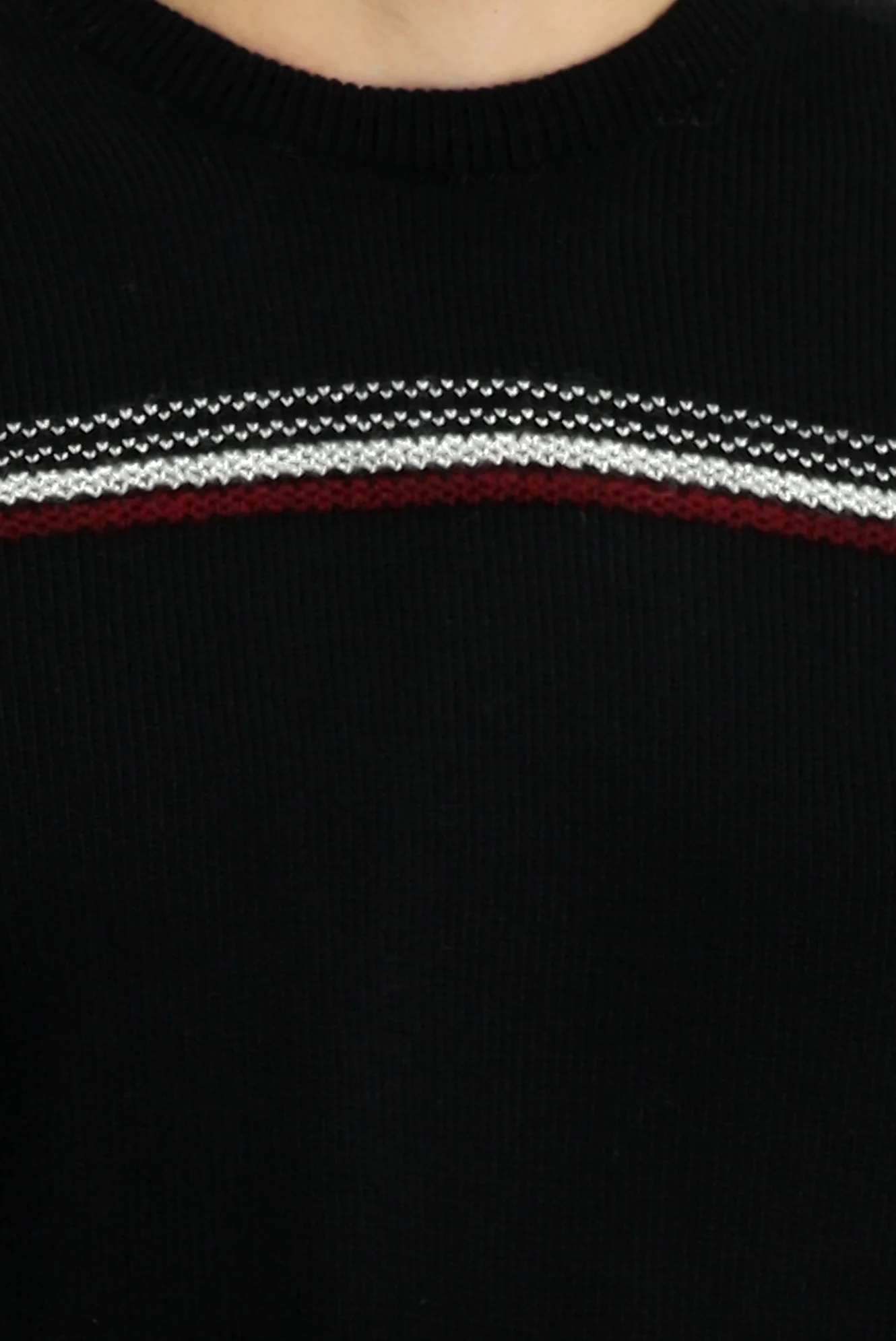 Siyah Bisiklet Yaka Regular Fit Desenli Triko Kazak - Image 4
