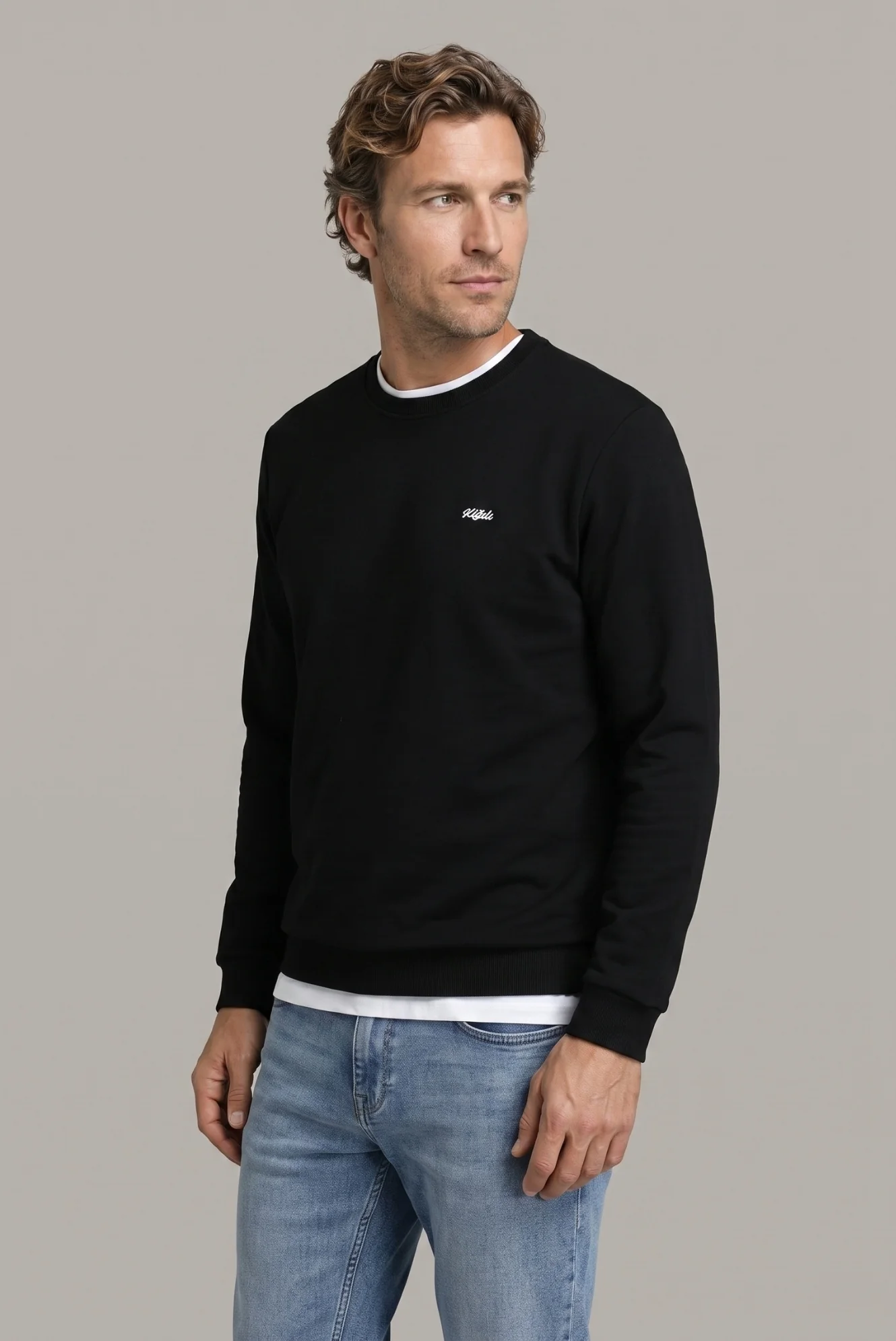 Siyah Bisiklet Yaka Regular Fit Nakışlı Basic İnce Sweatshirt