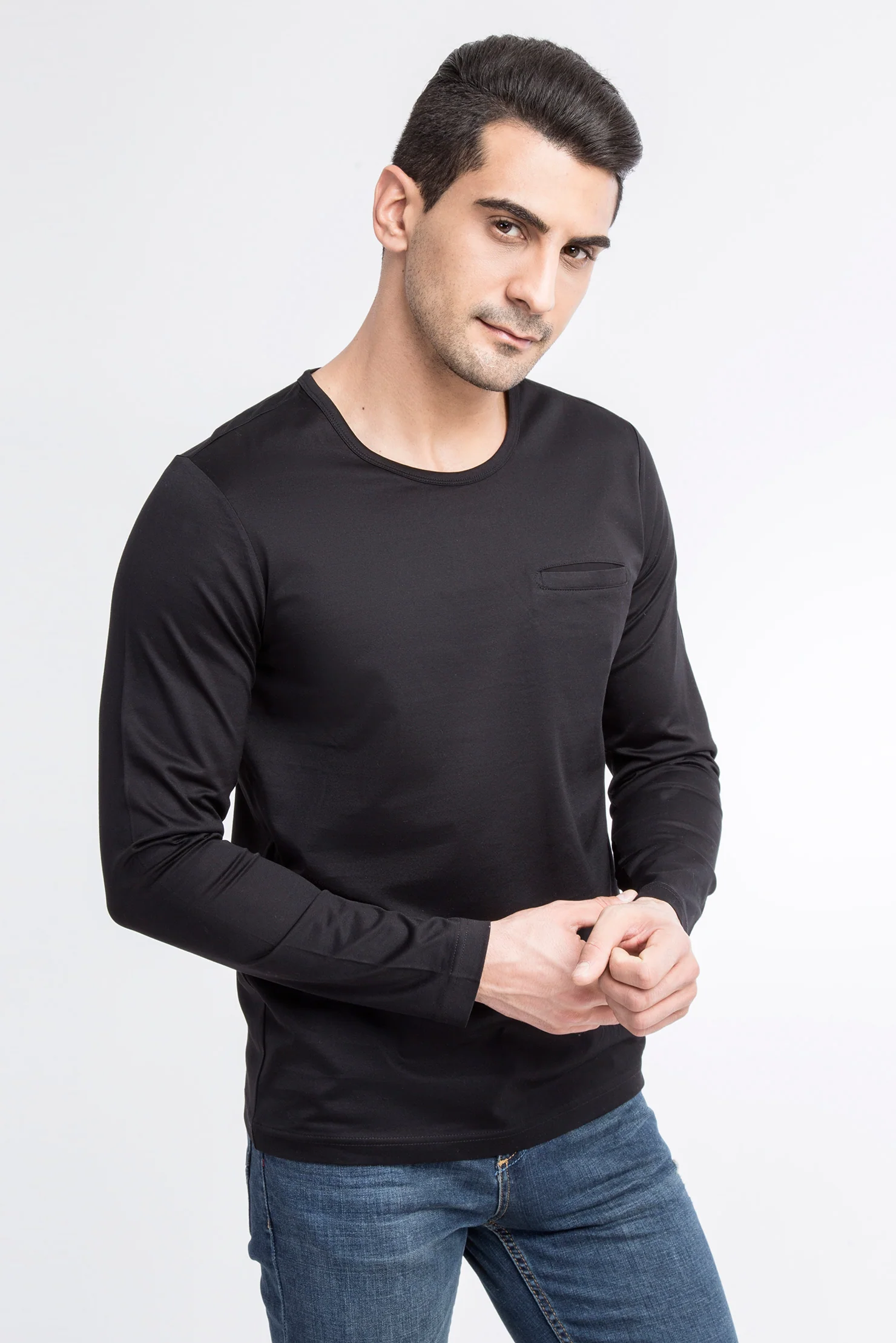 Siyah Bisiklet Yaka Regular Fit Pamuk Sweatshirt - Image 2