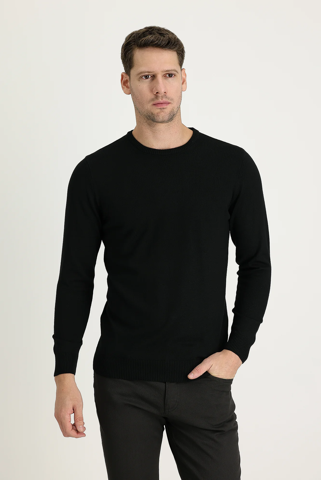 Siyah Bisiklet Yaka Regular Fit Triko Kazak