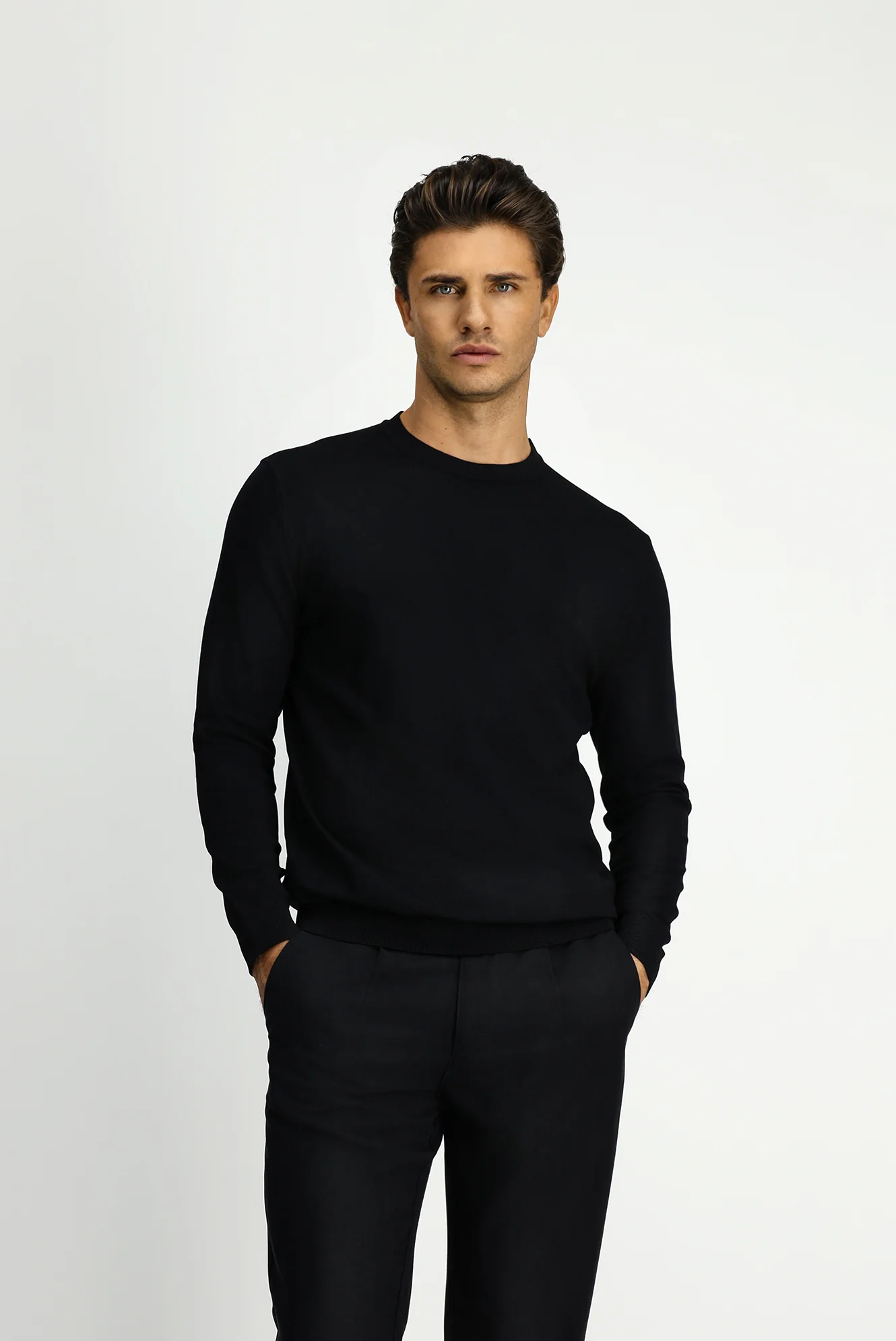 Siyah Bisiklet Yaka Regular Fit Triko Kazak