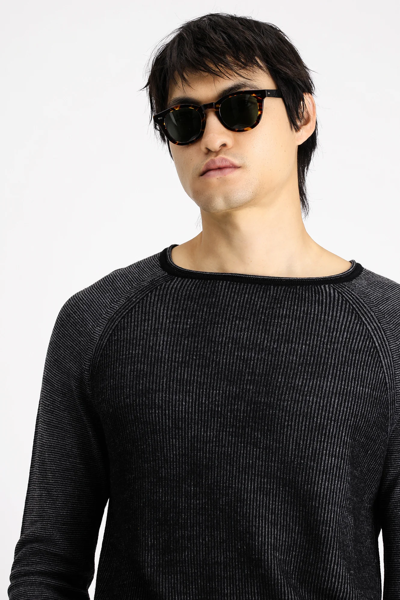Siyah Bisiklet Yaka Slim Fit Dar Kesim Çizgili Triko Kazak - Image 5