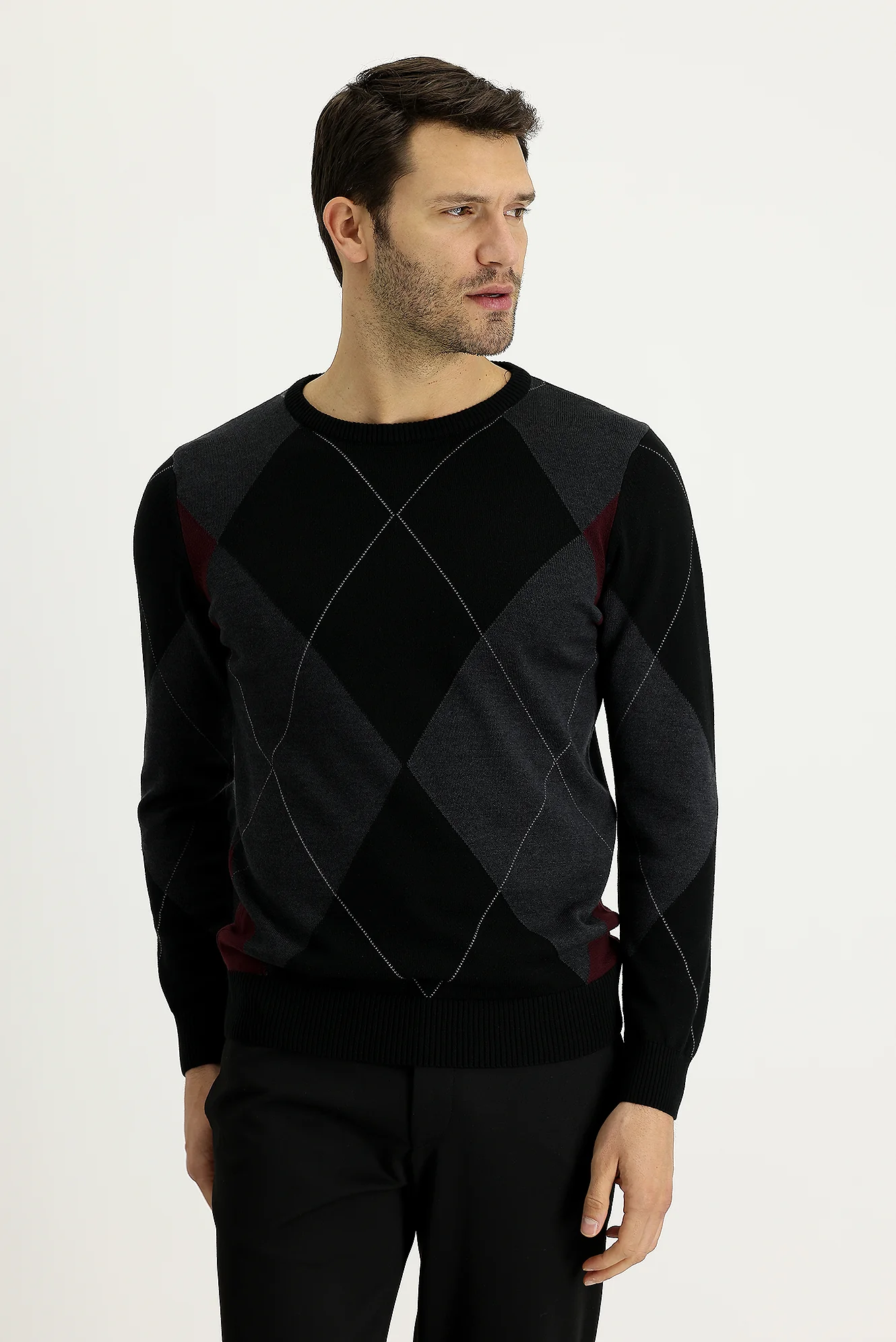Siyah Bisiklet Yaka Slim Fit Dar Kesim Desenli Pamuklu Triko Kazak - Image 2