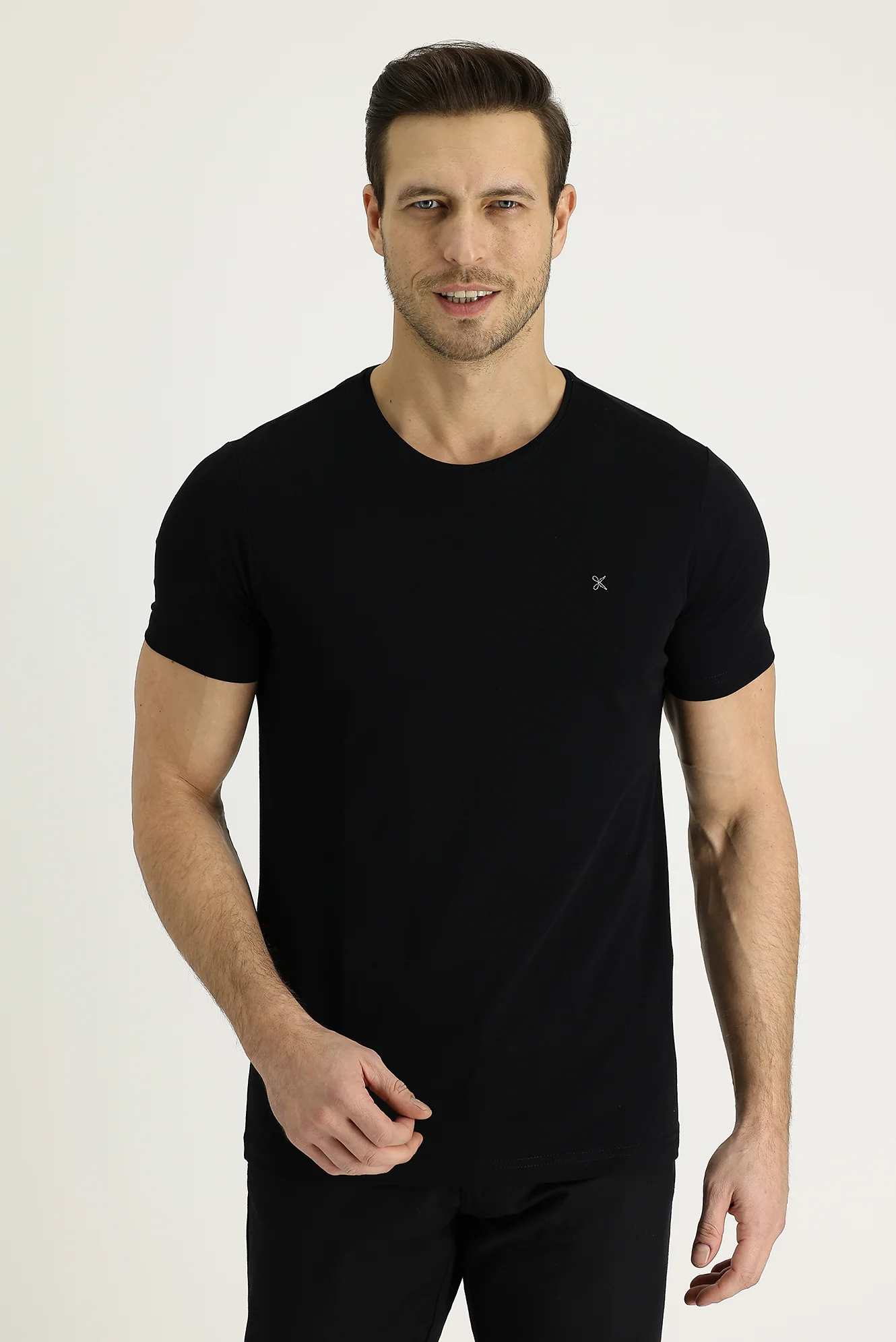 Siyah Bisiklet Yaka Slim Fit Dar Kesim Nakışlı Tişört - Image 2
