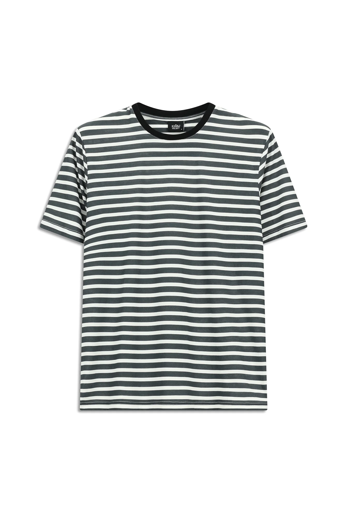 Siyah Bisiklet Yaka Slim Fit Dar Kesim Pamuk Çizgili Tişört - Image 10