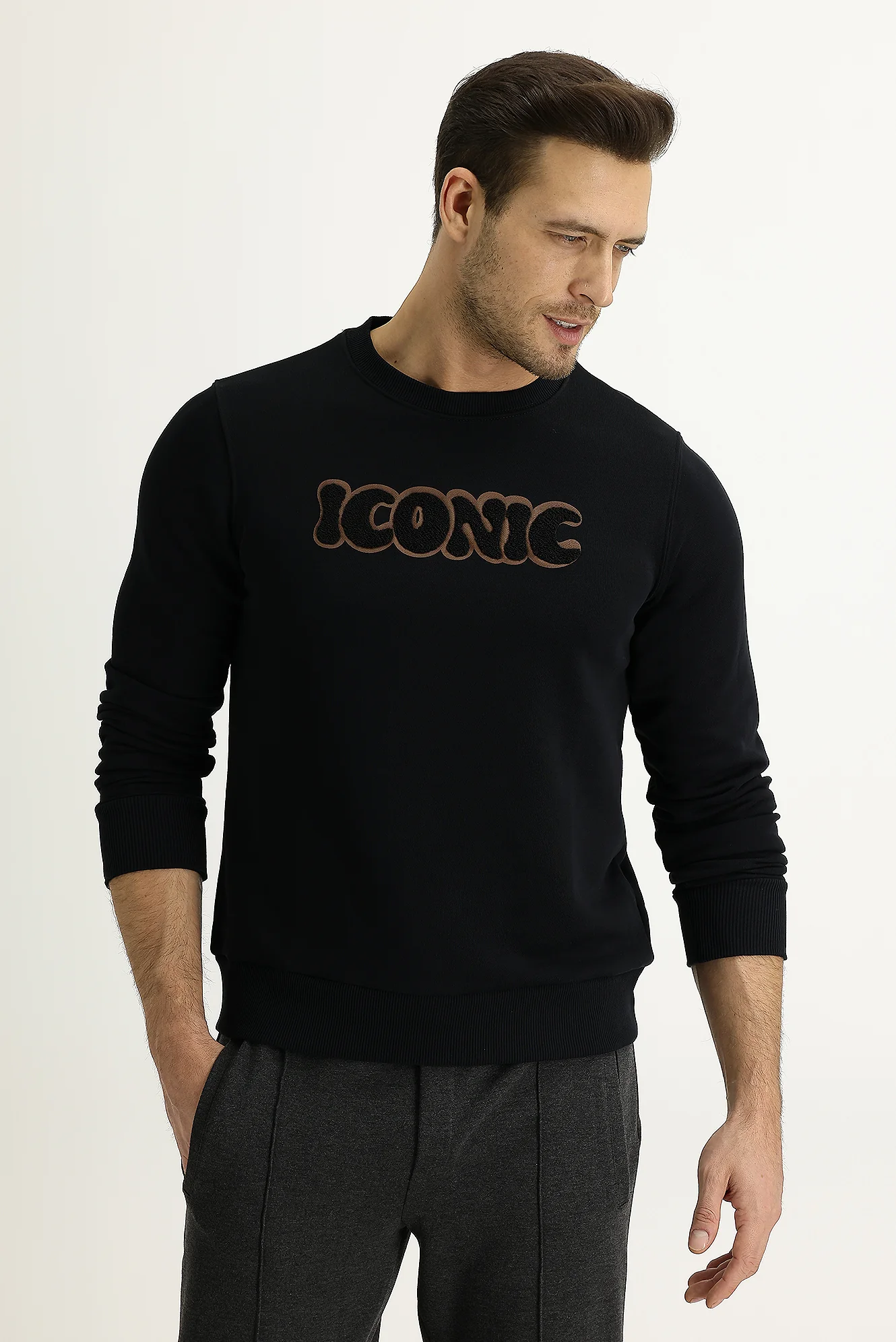 Siyah Bisiklet Yaka Slim Fit Dar Kesim Sweatshirt - Image 2