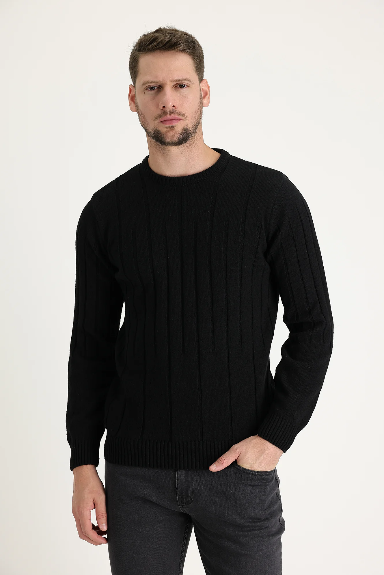 Siyah Bisiklet Yaka Slim Fit Dar Kesim Yünlü Desenli Triko Kazak - Image 2