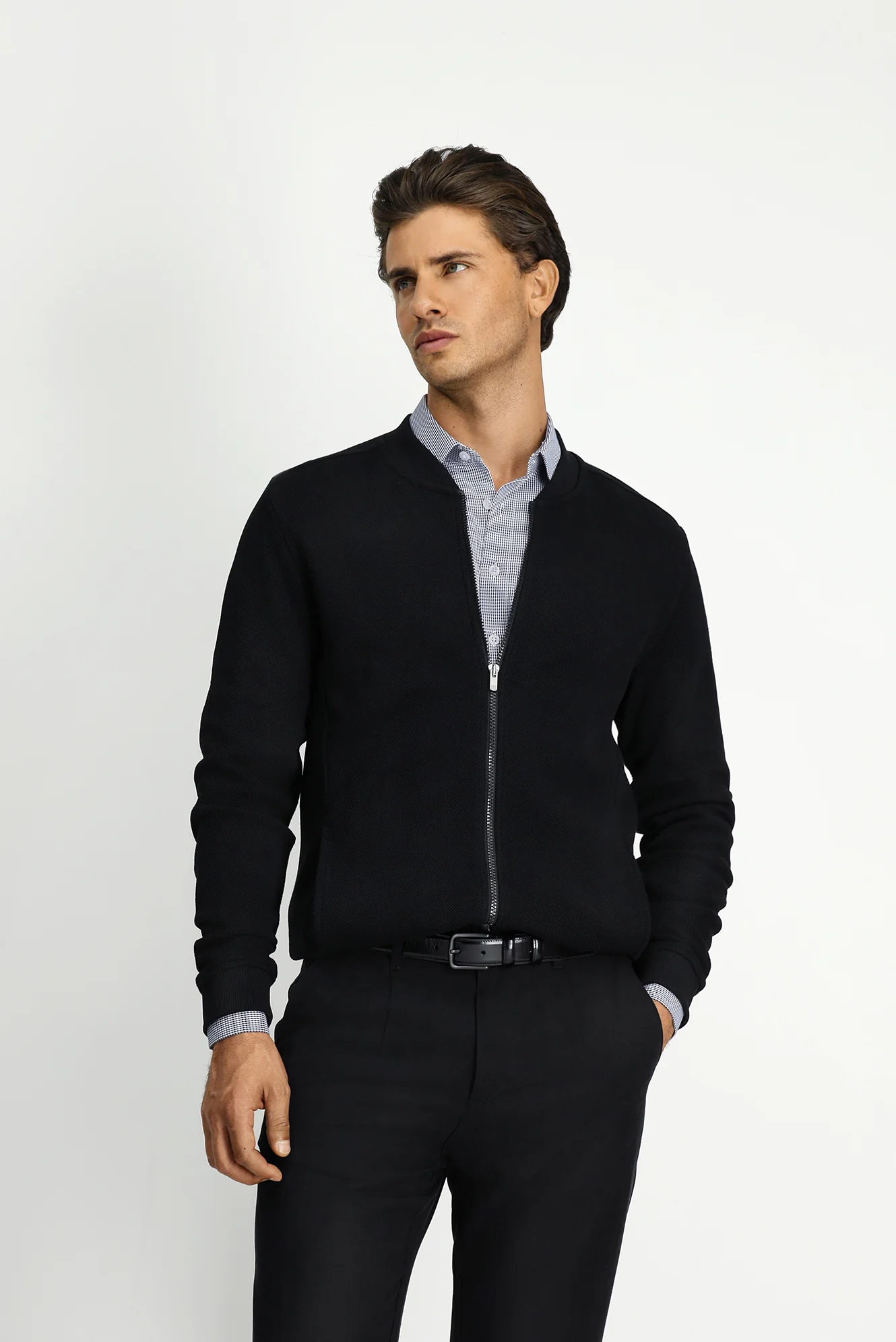 Siyah Fermuarlı Desenli Pamuk Bomber Sweatshirt - Image 4