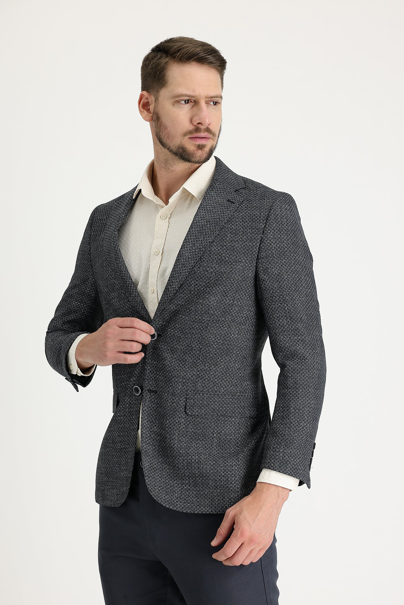 Siyah 6 Drop Regular Fit Standart Kesim Desenli Klasik Ceket - Image 2