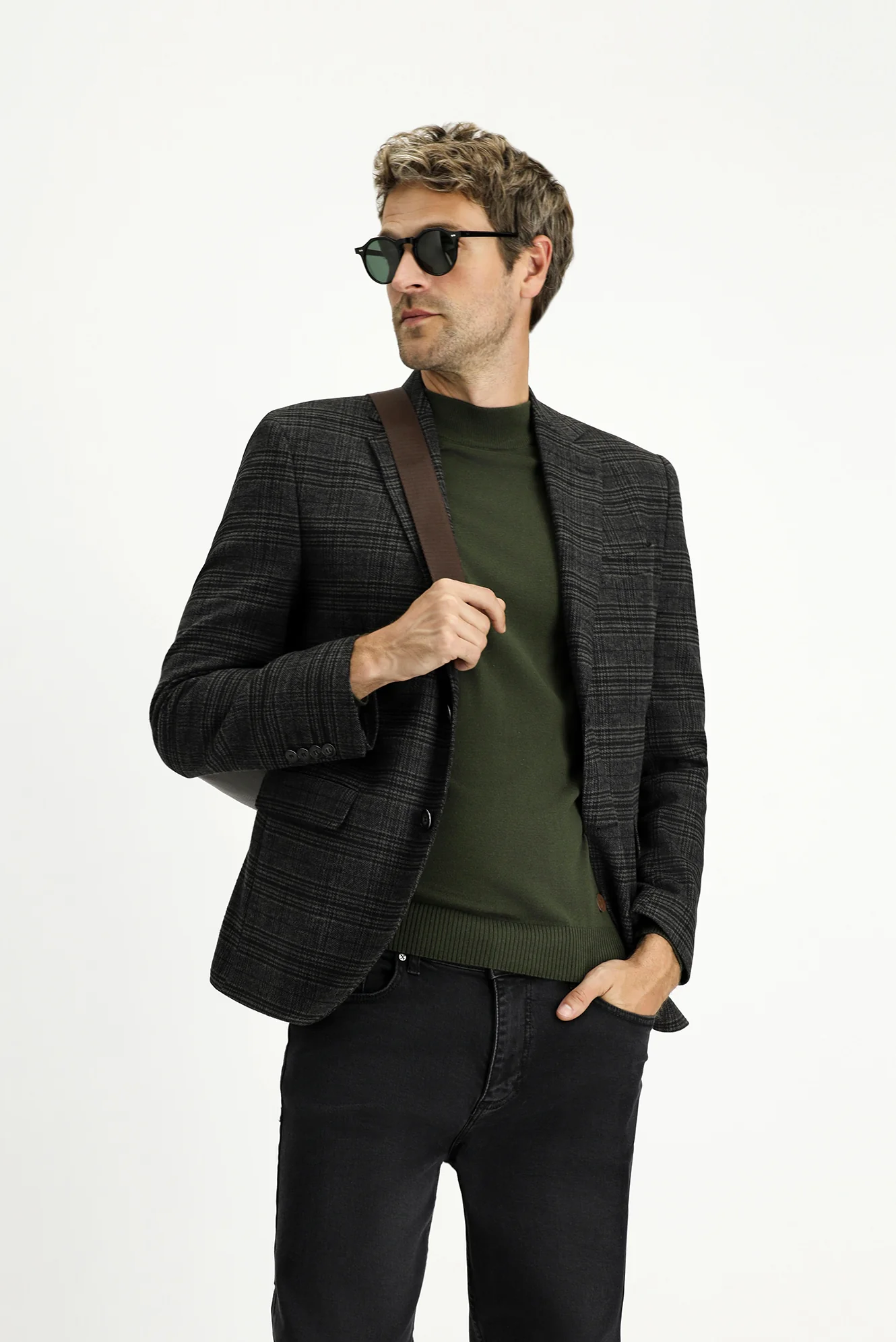Siyah 7 Drop Slim Fit Dar Kesim Ekose Blazer Ceket