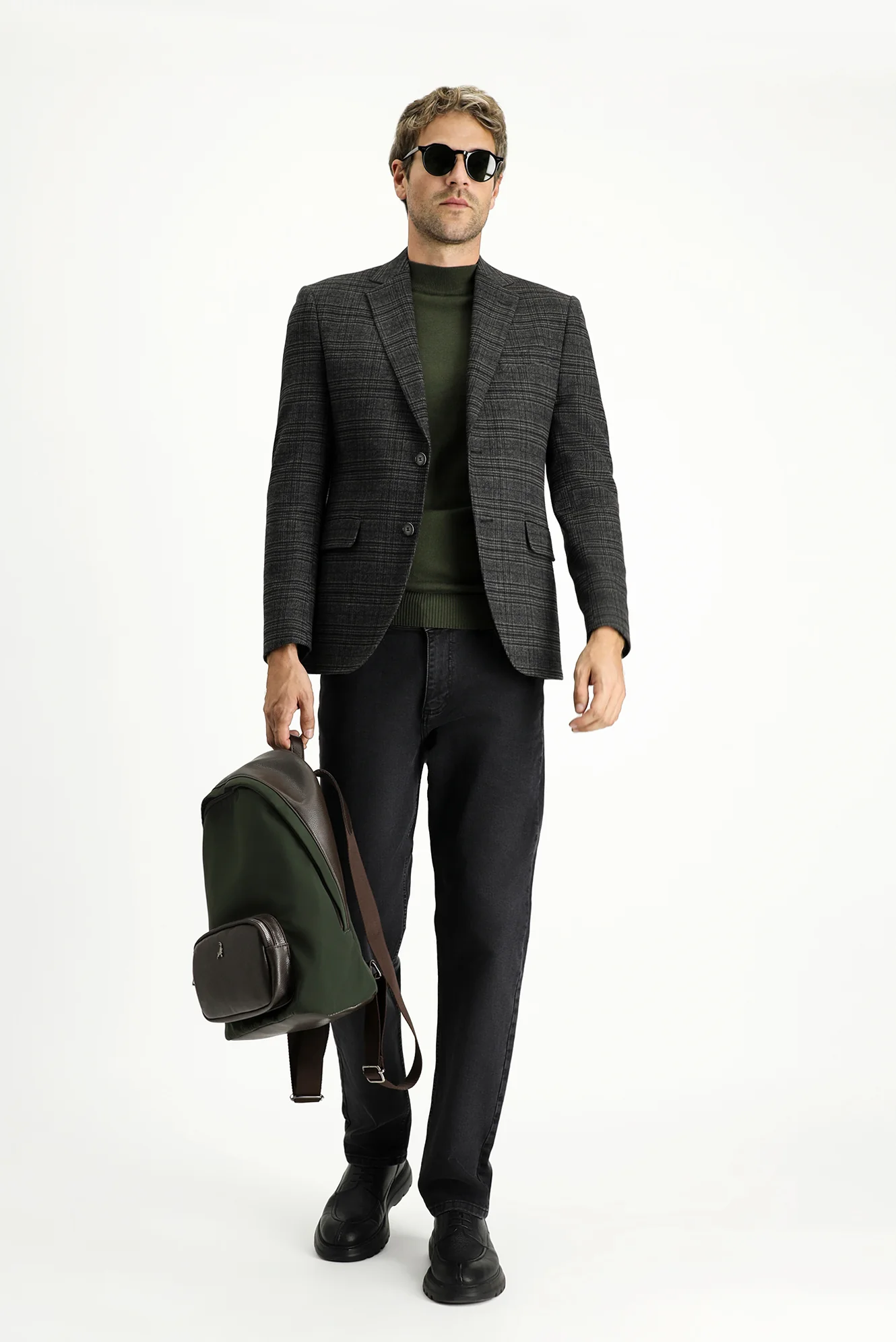 Siyah 7 Drop Slim Fit Dar Kesim Ekose Blazer Ceket - Image 2