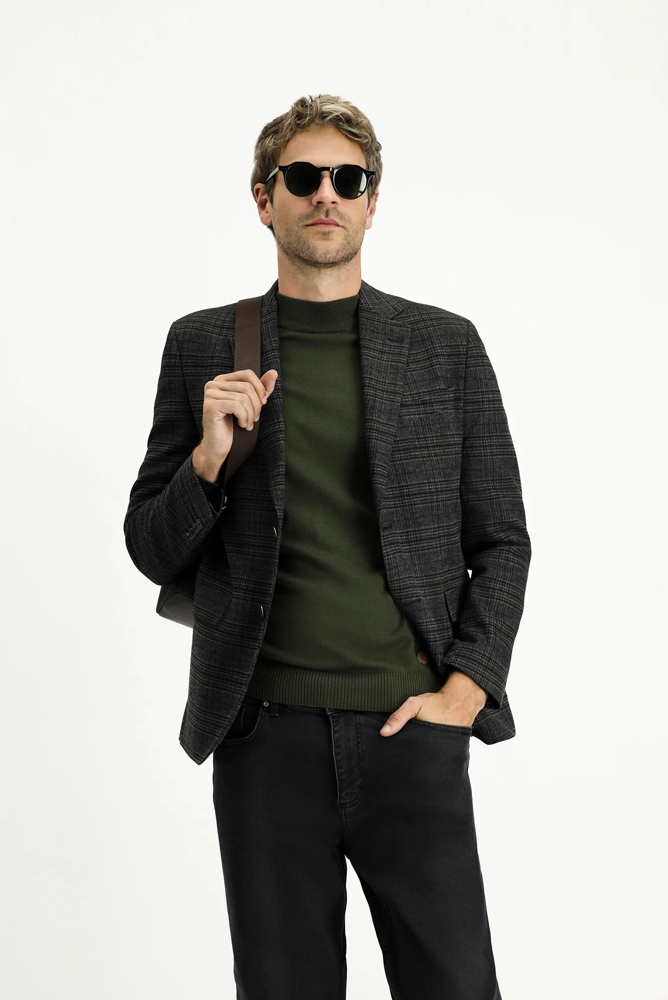 Siyah 7 Drop Slim Fit Dar Kesim Ekose Blazer Ceket - Image 3