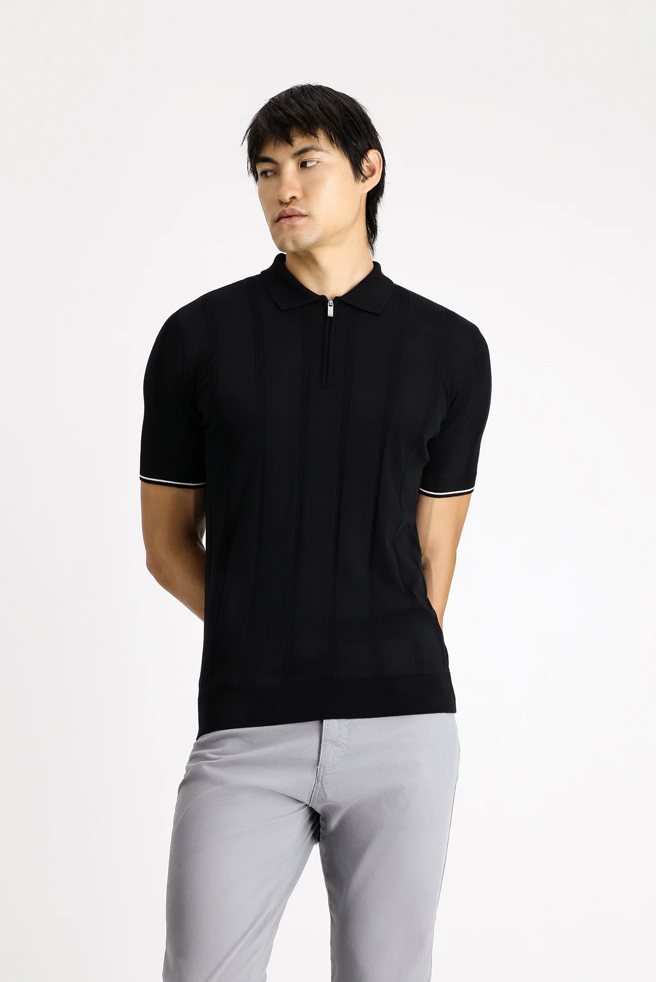 Siyah Fermuarlı Desenli Slim Fit Dar Kesim Polo Yaka Tişört