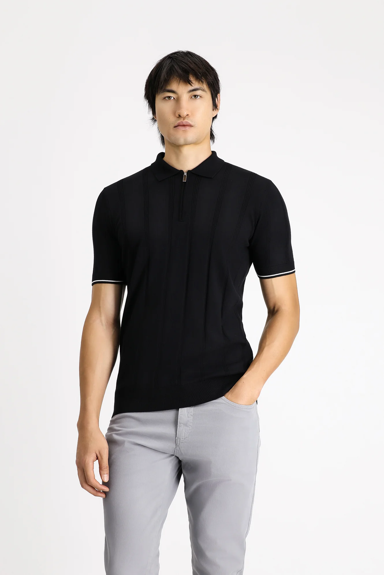Siyah Fermuarlı Desenli Slim Fit Dar Kesim Polo Yaka Tişört - Image 3
