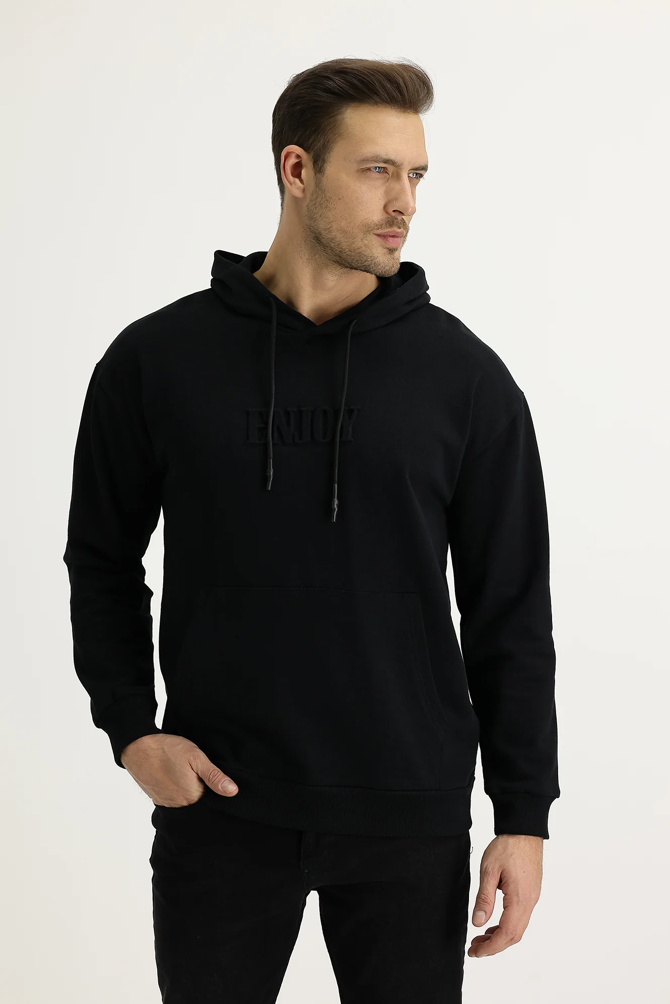 Siyah Kapüşonlu Baskılı Pamuk Sweatshirt - Image 2
