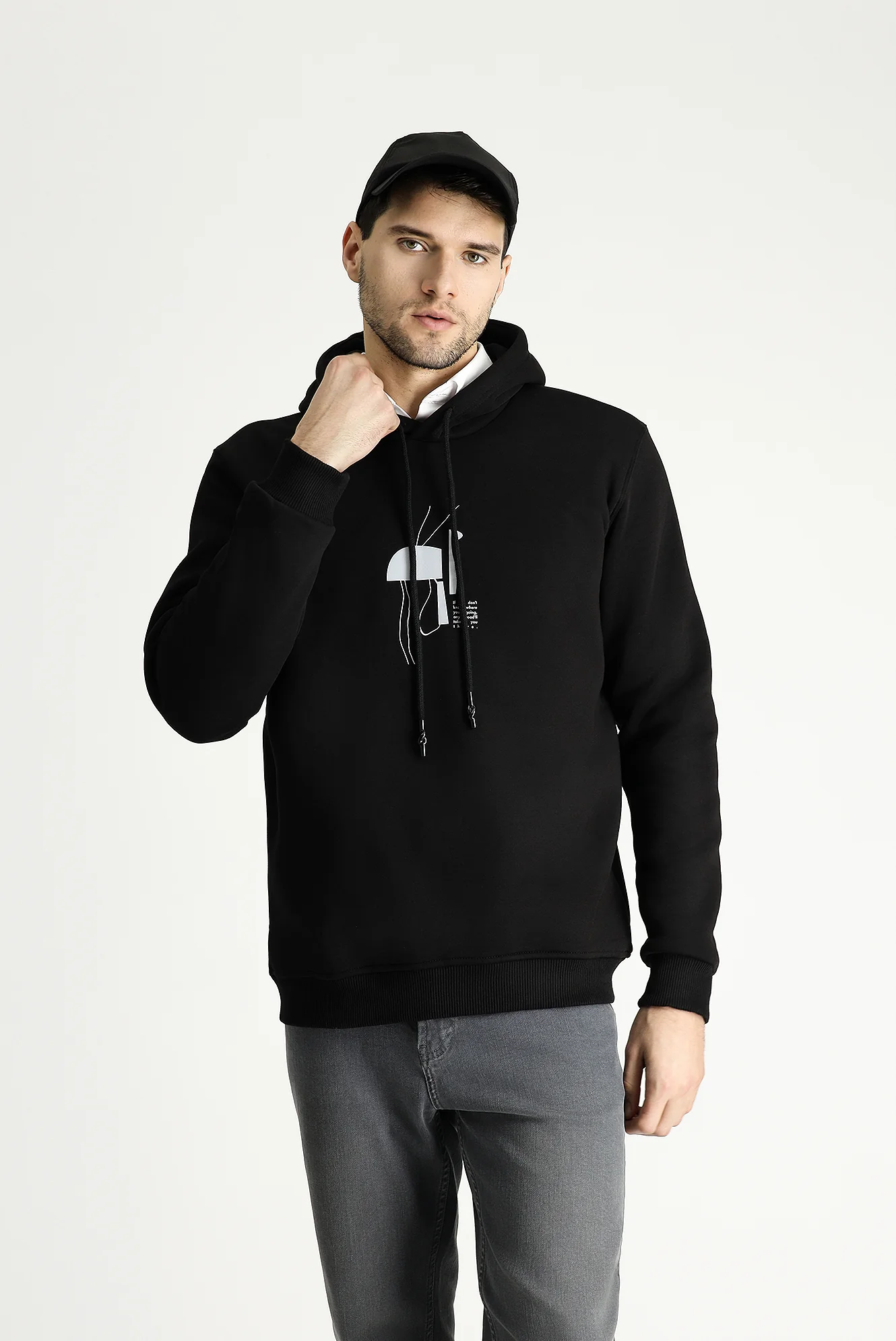 Siyah Regular Fit Kapüşonlu Baskılı Pamuklu Sweatshirt