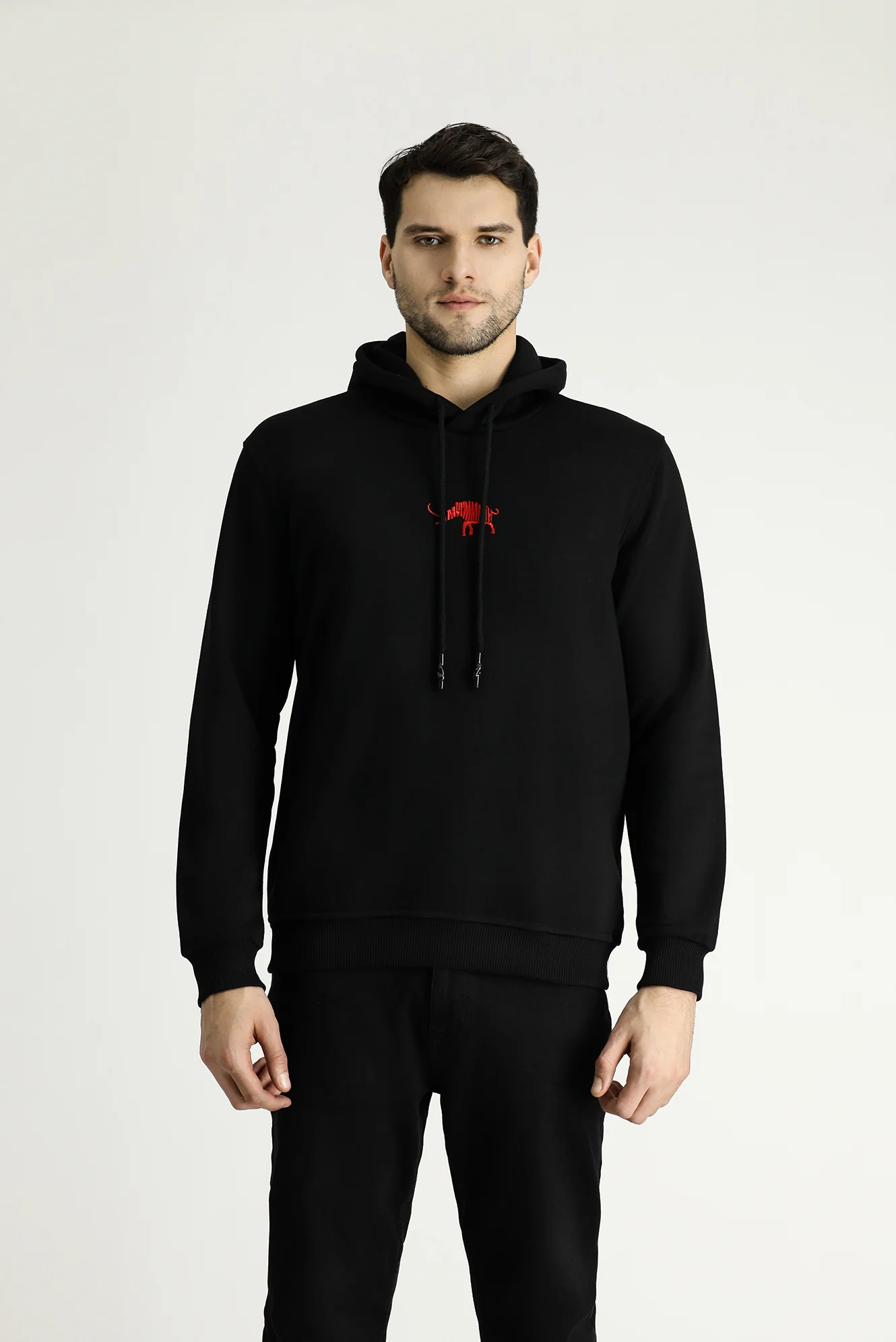 Siyah Kapüşonlu Regular Fit Pamuklu Nakışlı 3 İplik Sweatshirt - Image 4