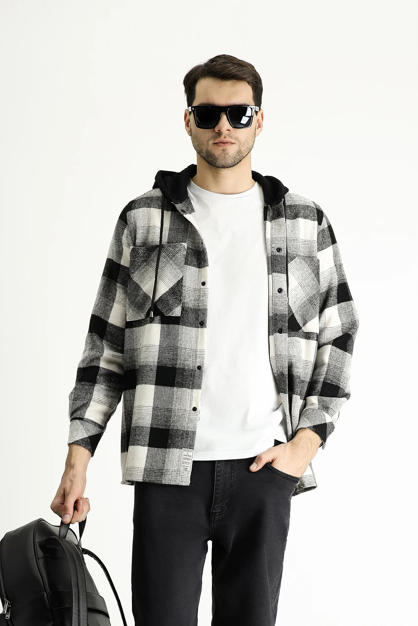 Siyah Kapüşonlu Oversize Ekose Shacket Oduncu Pamuklu Gömlek / Mont