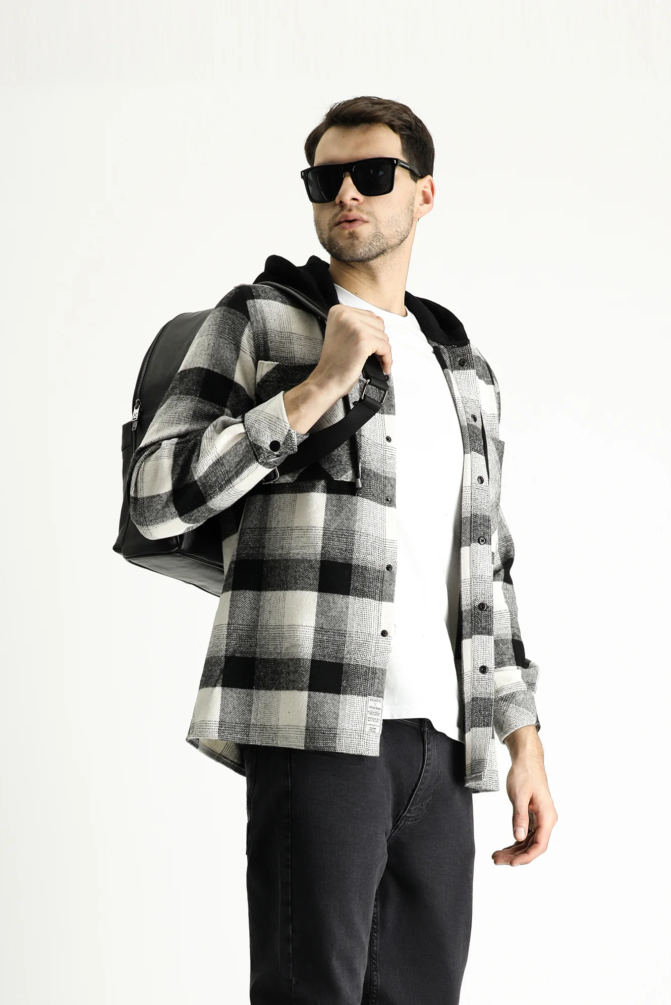 Siyah Kapüşonlu Oversize Ekose Shacket Oduncu Pamuklu Gömlek / Mont - Image 3