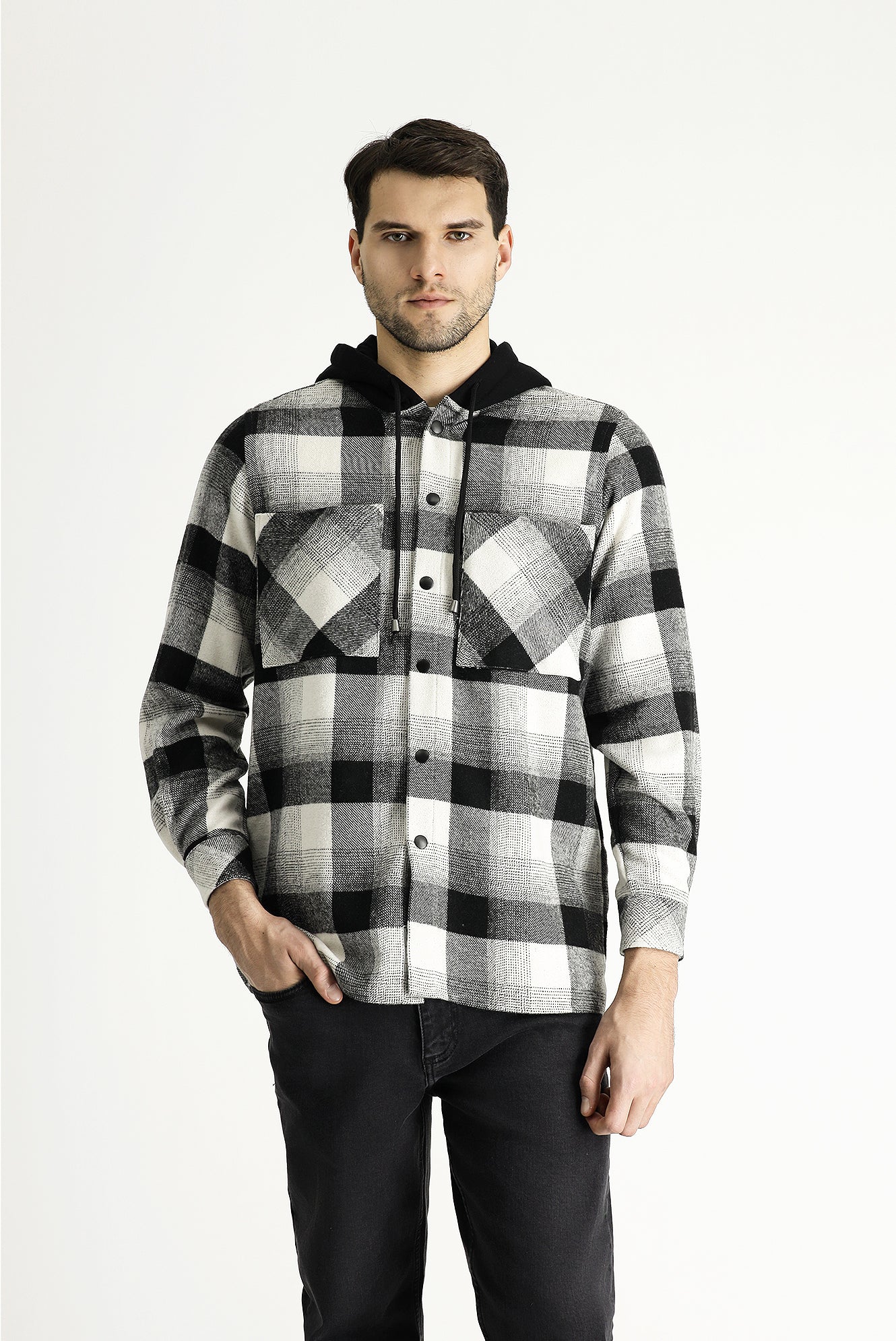 Siyah Kapüşonlu Oversize Ekose Shacket Oduncu Pamuklu Gömlek / Mont - Image 4