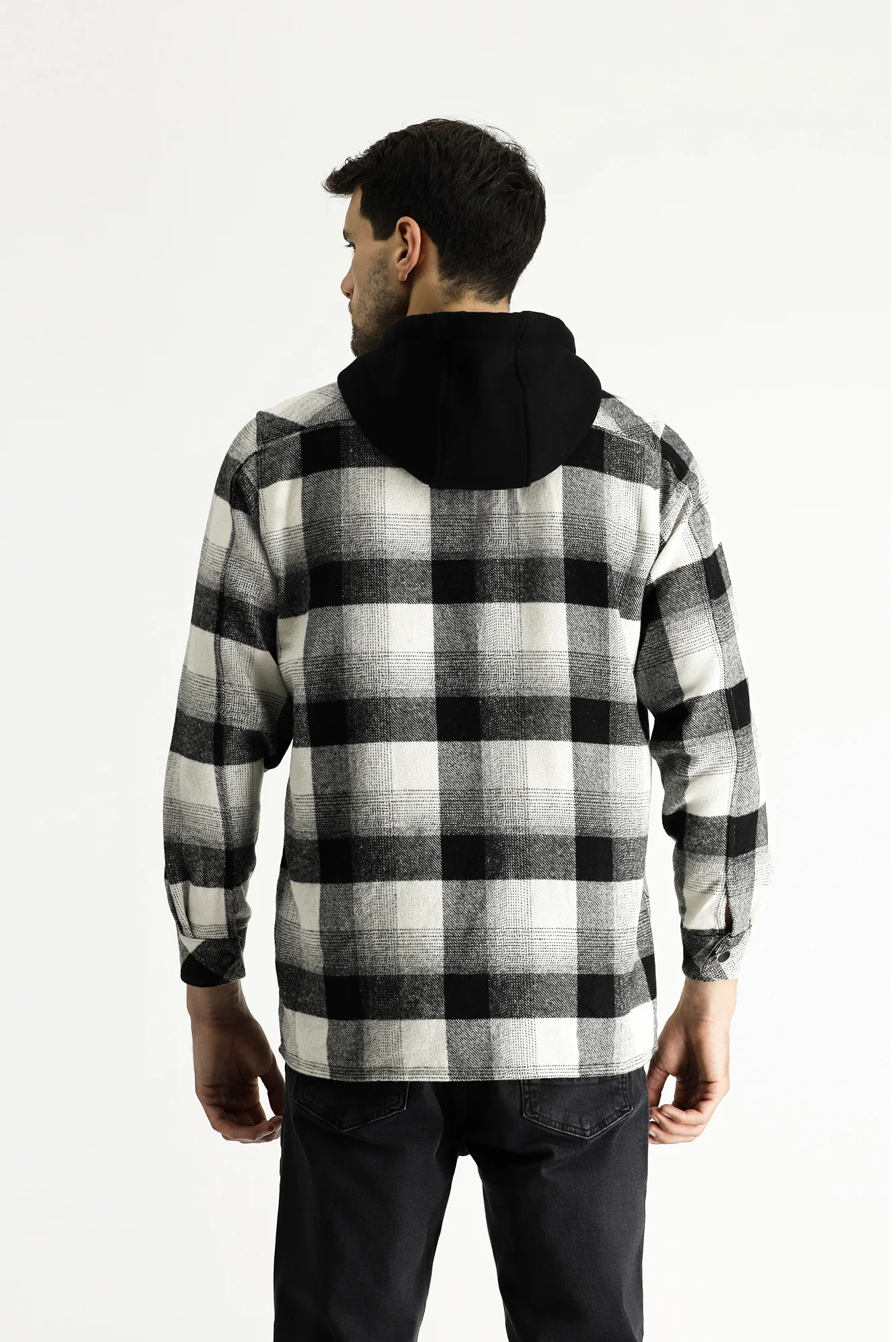 Siyah Kapüşonlu Oversize Ekose Shacket Oduncu Pamuklu Gömlek / Mont - Image 5
