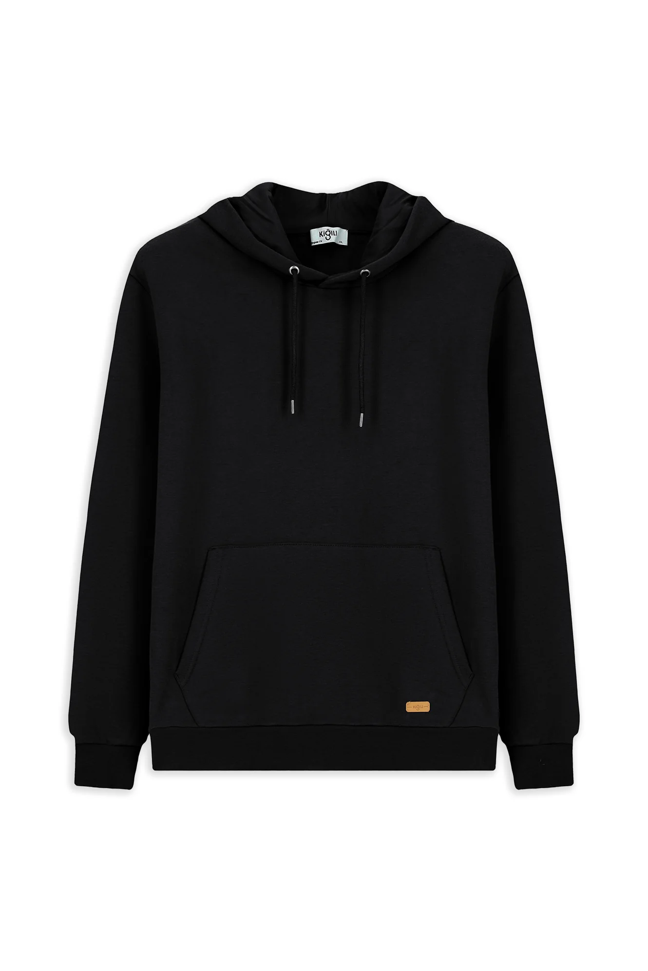 Siyah Kapüşonlu Regular Fit Desenli Cepli Pamuklu Basic Sweatshirt