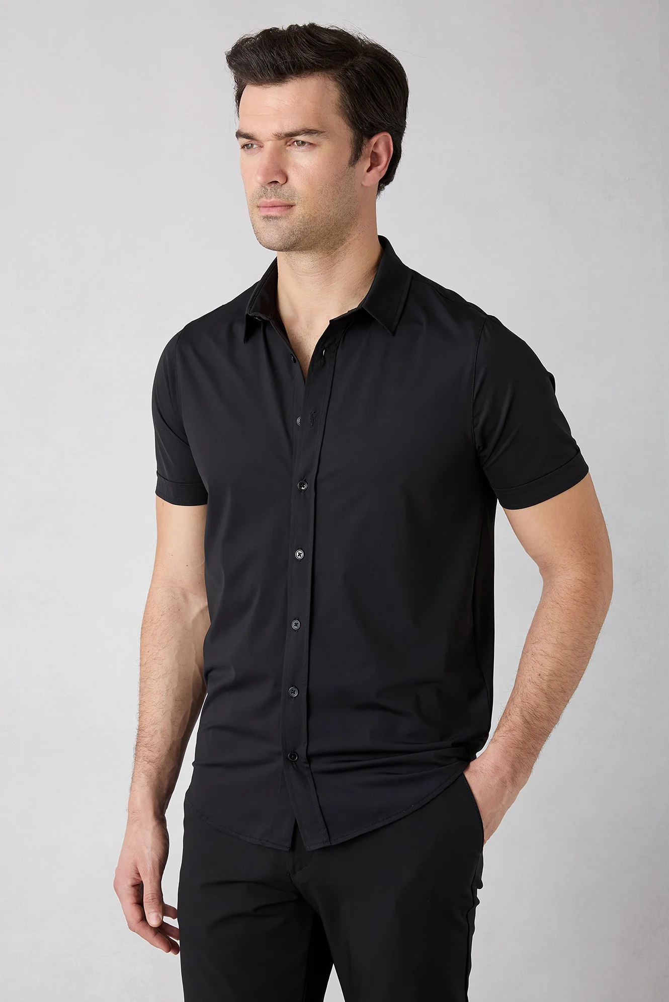 Siyah Techno-Line Kısa Kol Regular Fit Likralı Esnek Gömlek - Image 2