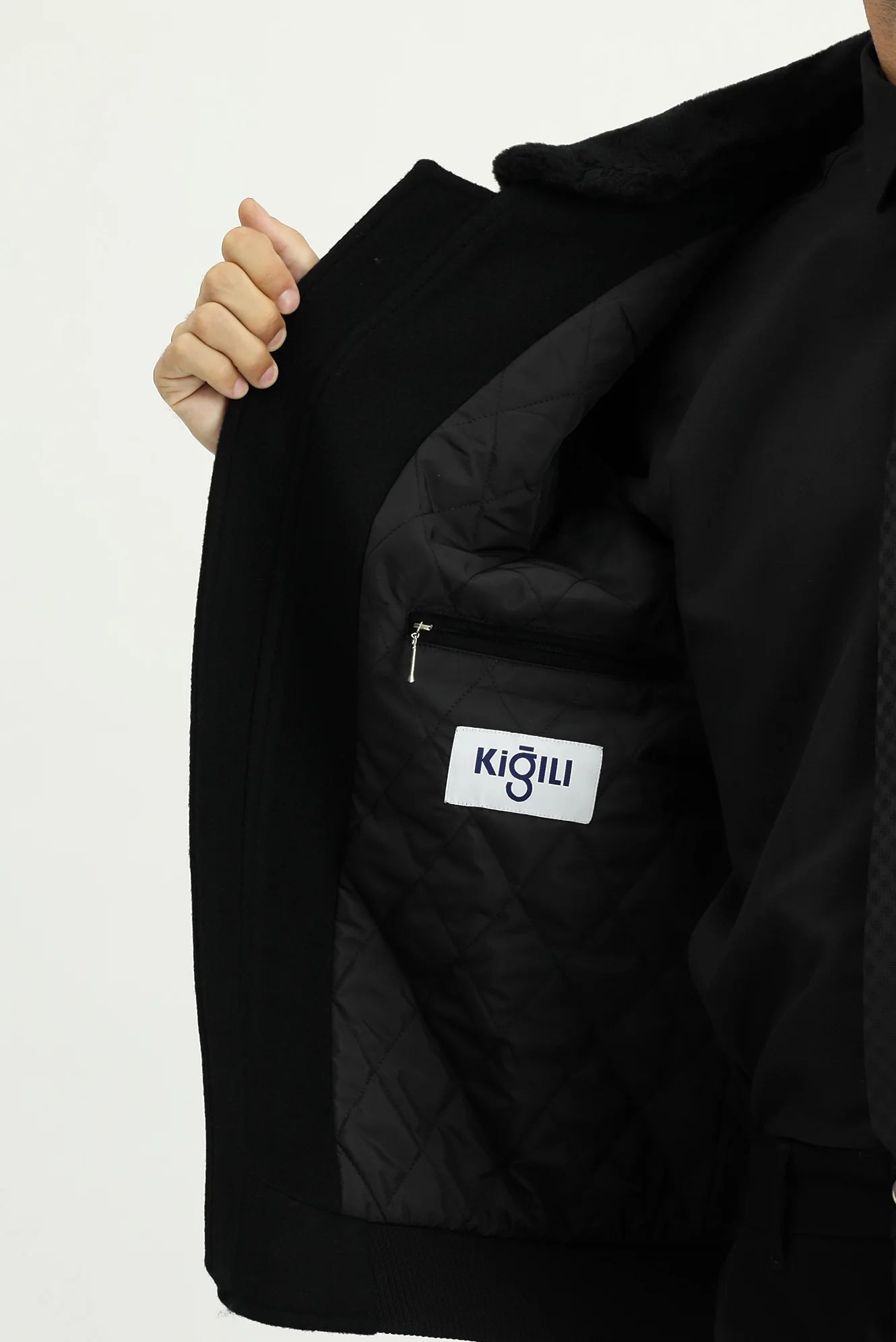 Siyah Kürk Yaka Yünlü Bomber Ceket Mont - Image 6
