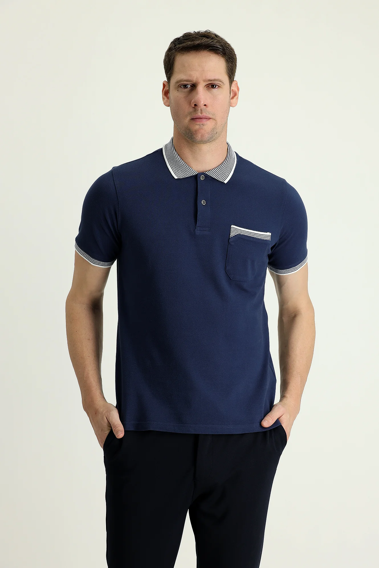 Siyah Lacivert Polo Yaka Regular Fit Desenli Pamuk Tişört