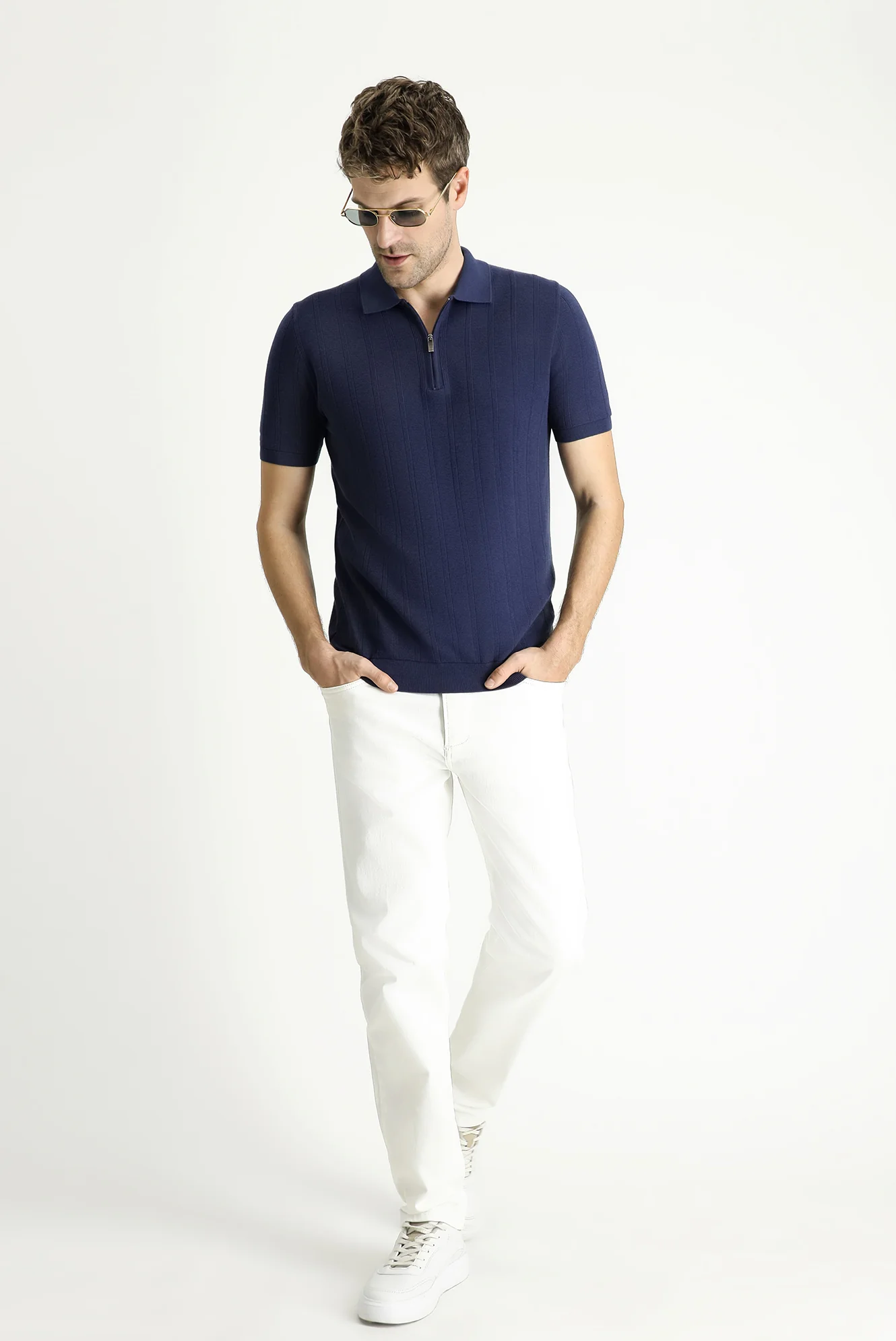 Siyah Lacivert Polo Yaka Regular Fit Fermuarlı Desenli Pamuklu Tişört - Image 2