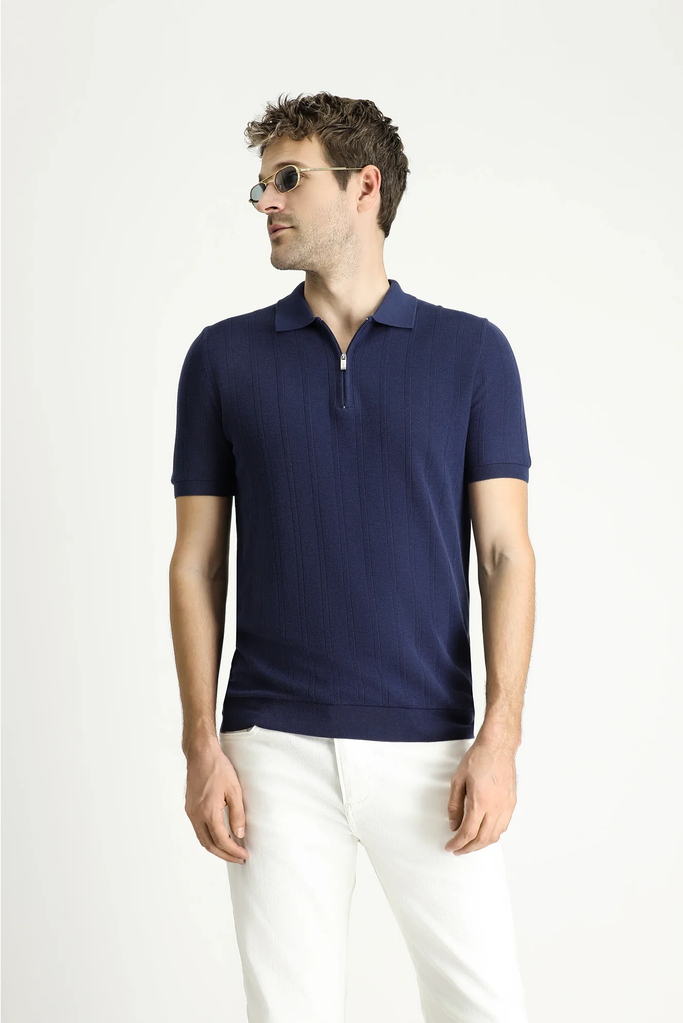 Siyah Lacivert Polo Yaka Regular Fit Fermuarlı Desenli Pamuklu Tişört - Image 3