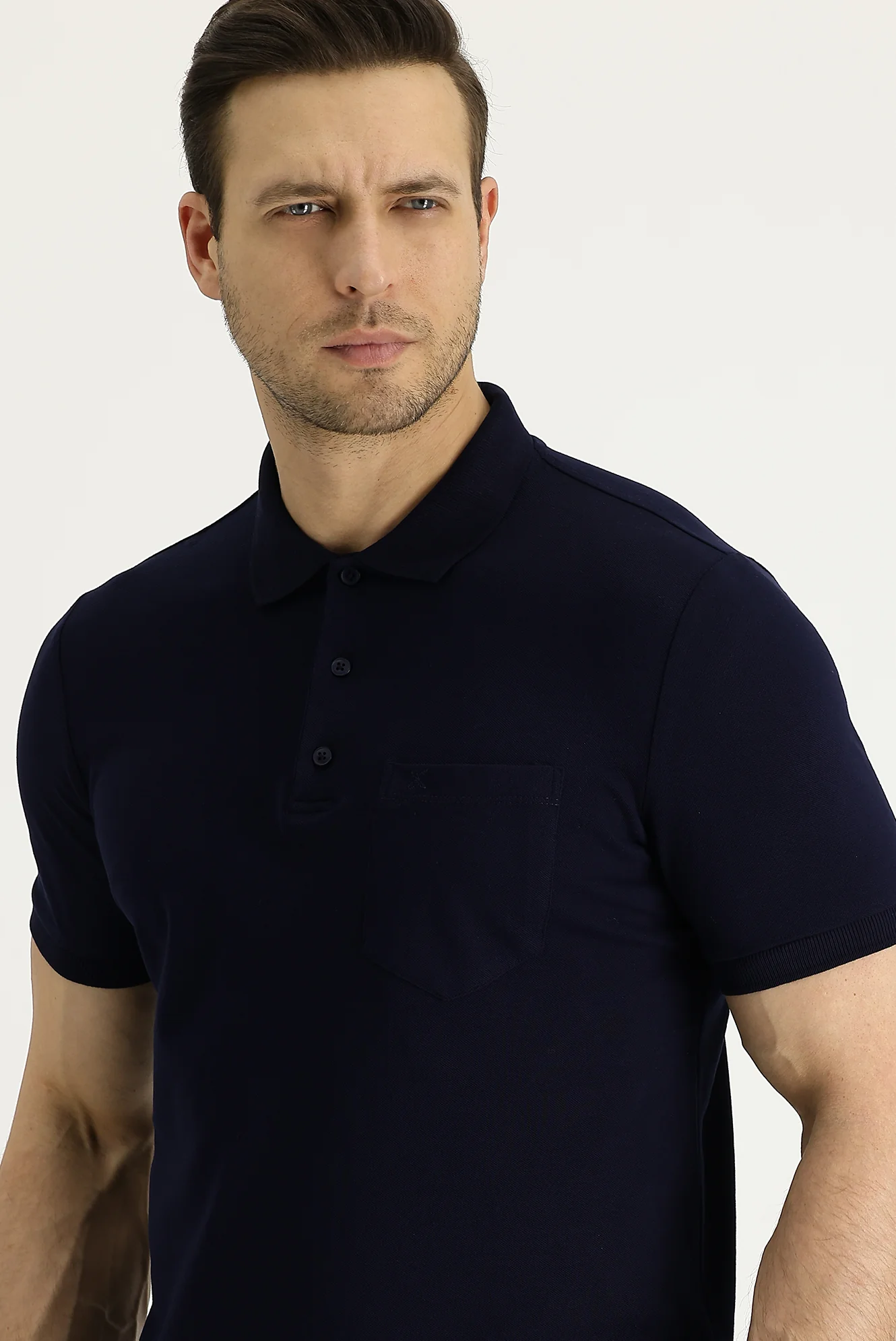 Siyah Lacivert Polo Yaka Regular Fit Nakışlı Pamuk Tişört