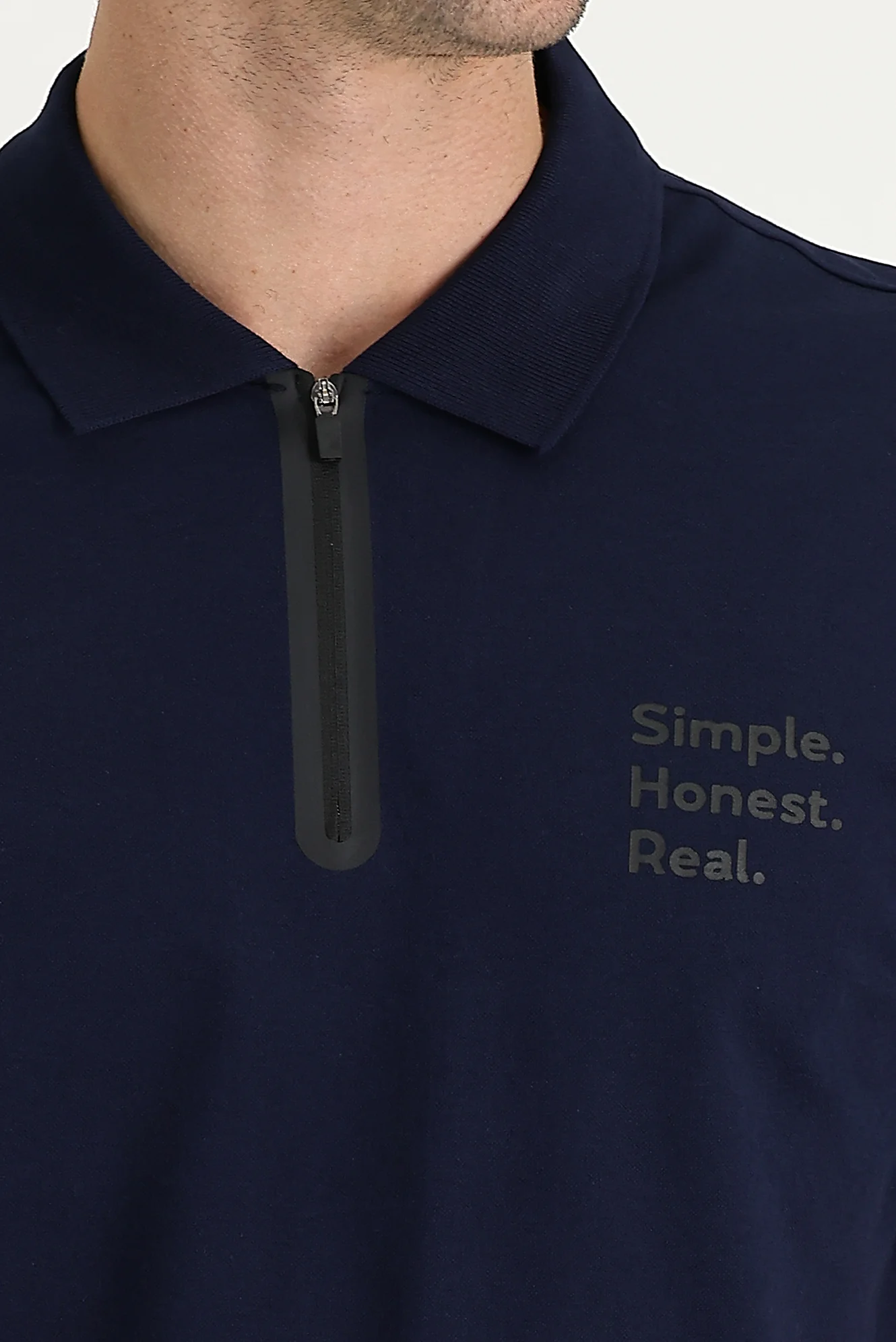 Siyah Lacivert Polo Yaka Slim Fit Dar Kesim Baskılı Fermuarlı Tişört - Image 4
