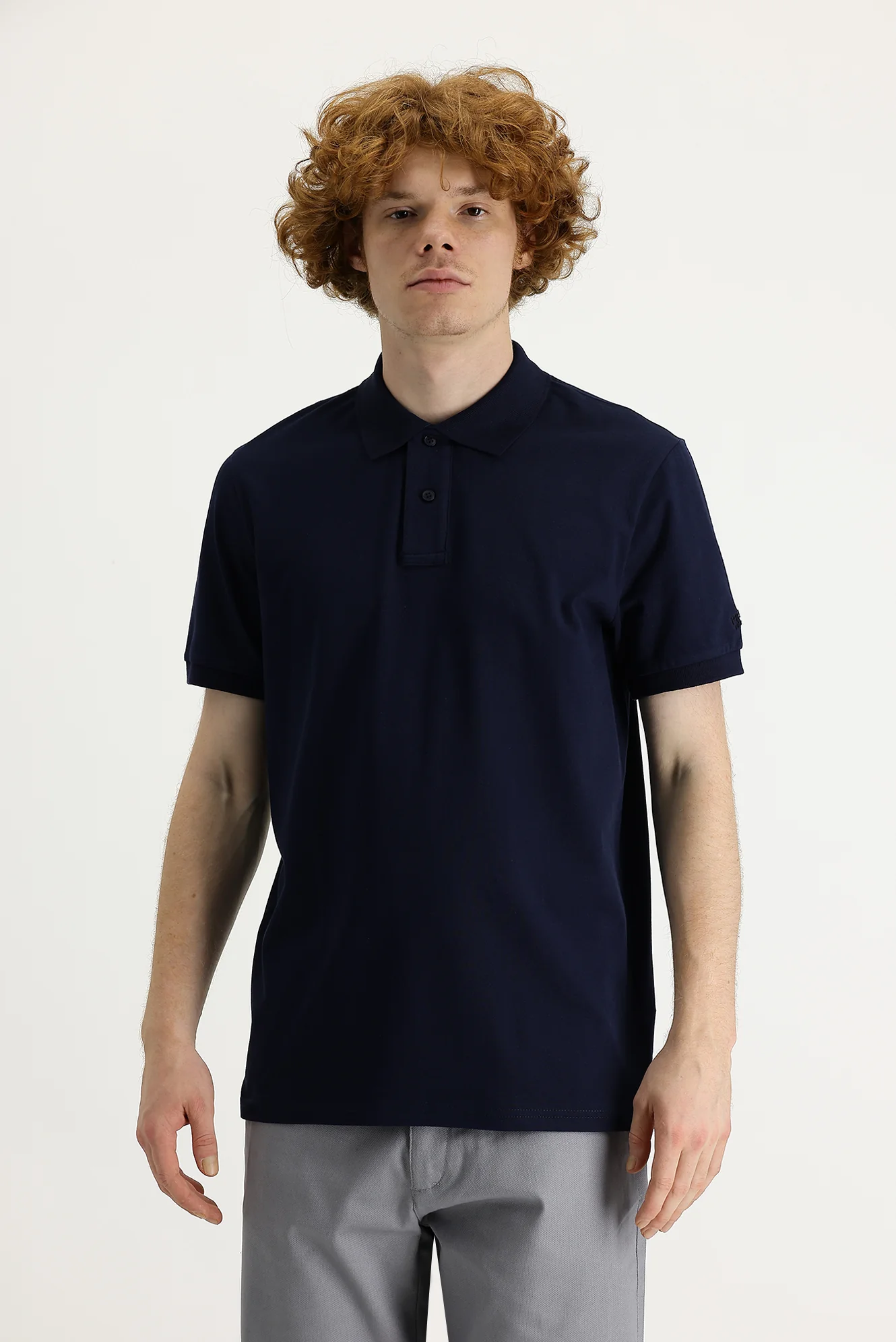 Siyah Lacivert Polo Yaka Slim Fit Dar Kesim Baskılı Tişört - Image 2