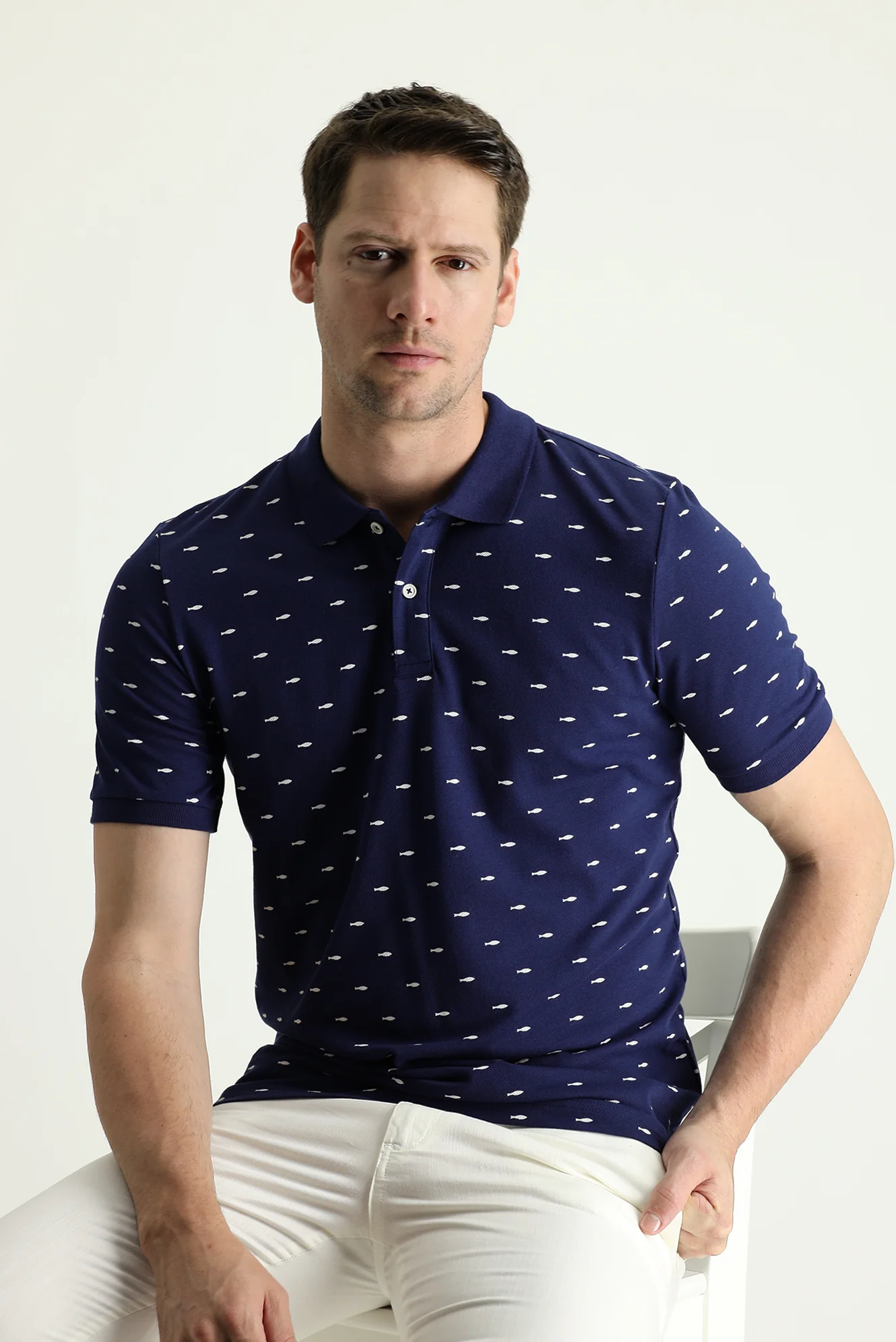 Siyah Lacivert Polo Yaka Slim Fit Dar Kesim Desenli Pamuk Tişört