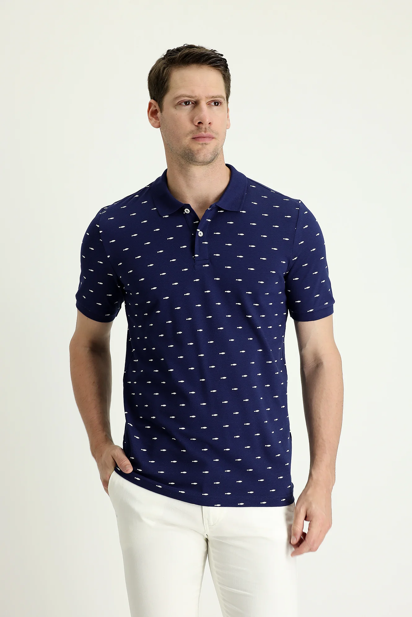 Siyah Lacivert Polo Yaka Slim Fit Dar Kesim Desenli Pamuk Tişört - Image 2