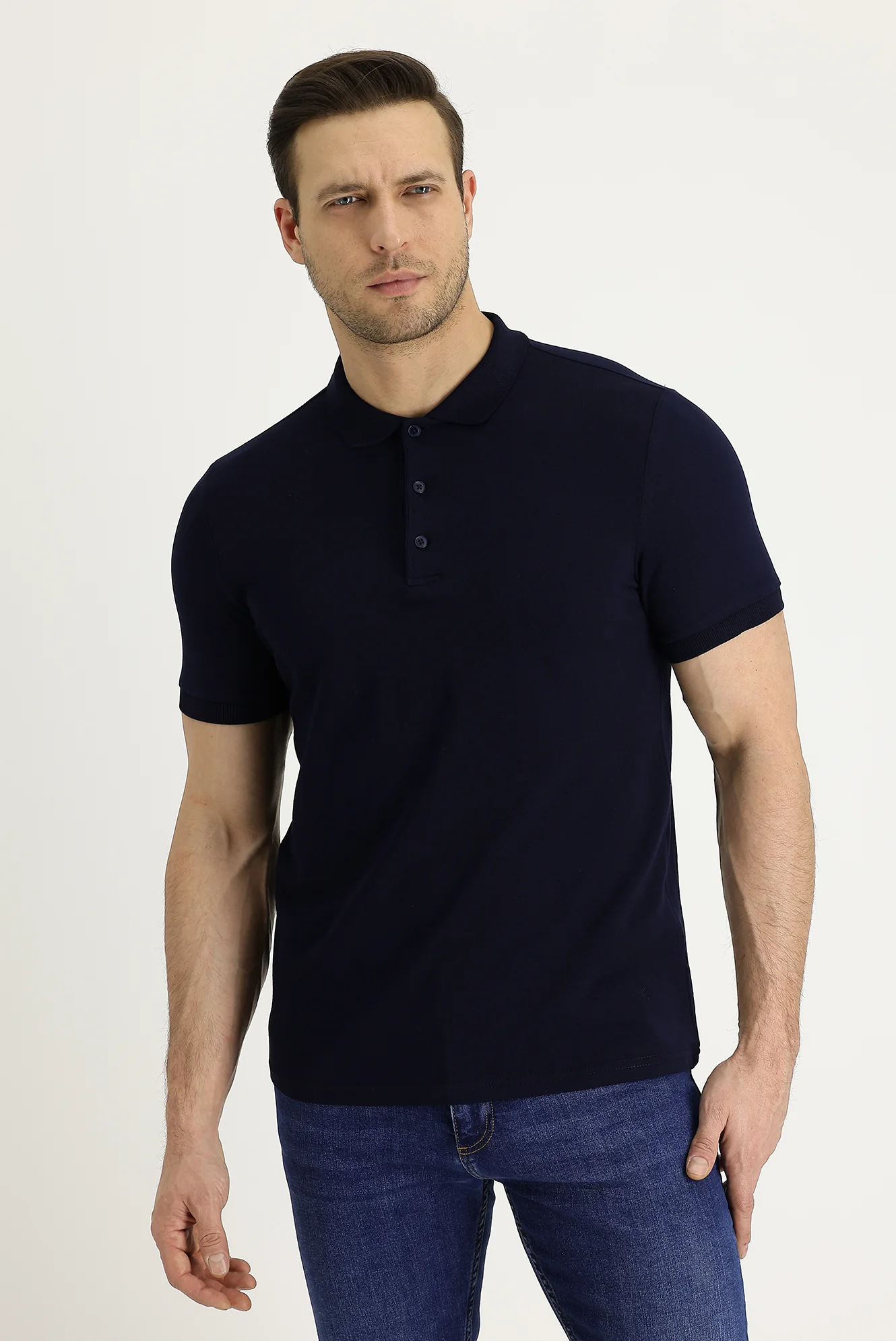 Siyah Lacivert Polo Yaka Slim Fit Dar Kesim Nakışlı Pamuk Tişört - Image 2