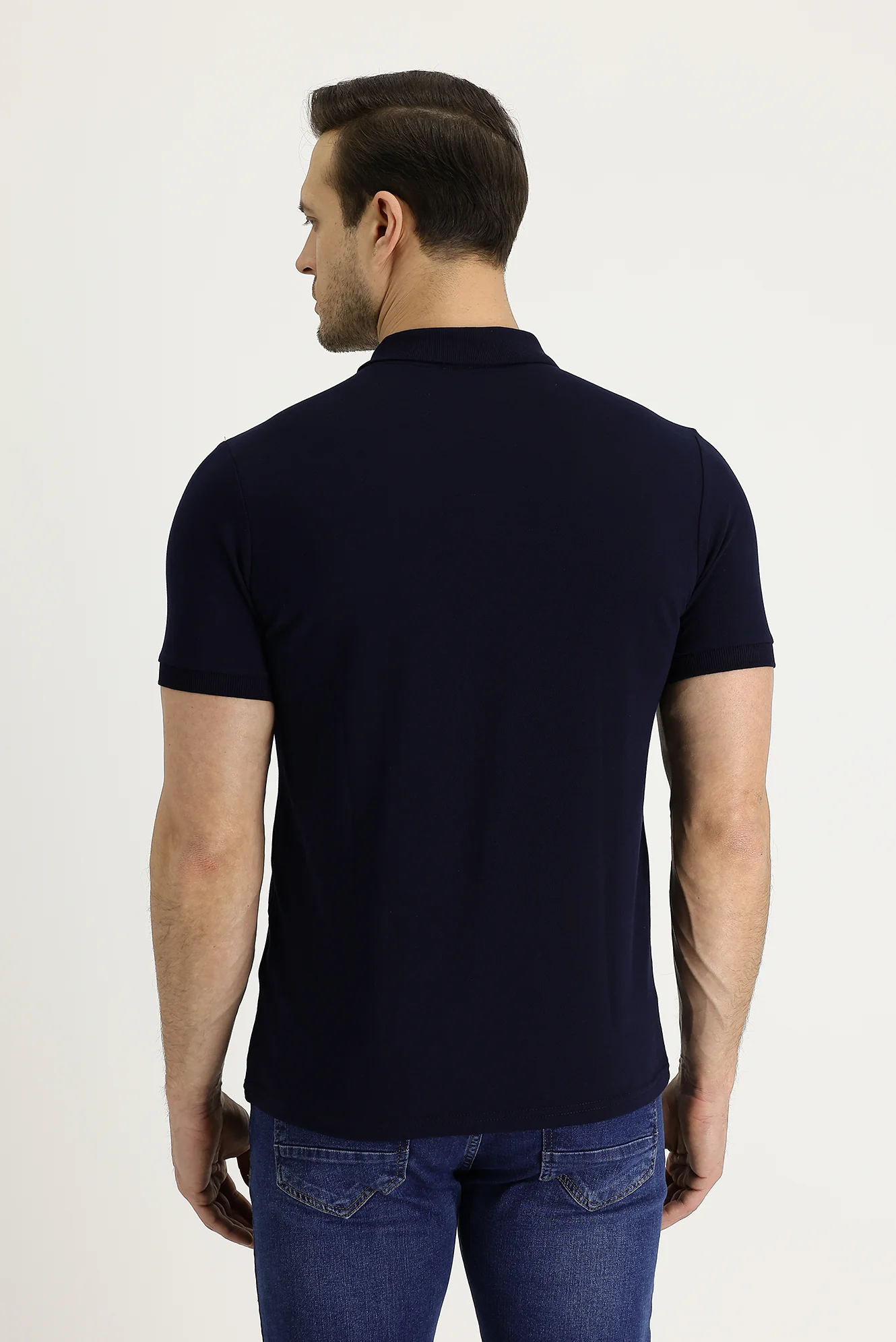 Siyah Lacivert Polo Yaka Slim Fit Dar Kesim Nakışlı Pamuk Tişört - Image 3