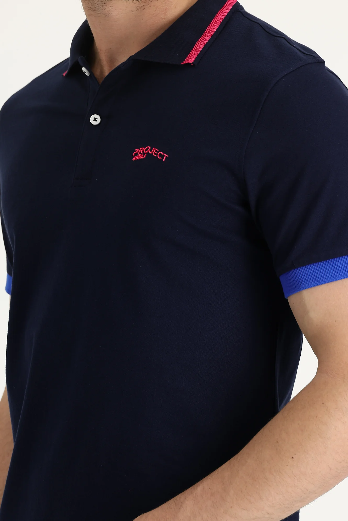 Siyah Lacivert Polo Yaka Slim Fit Dar Kesim Pamuklu Tişört - Image 3