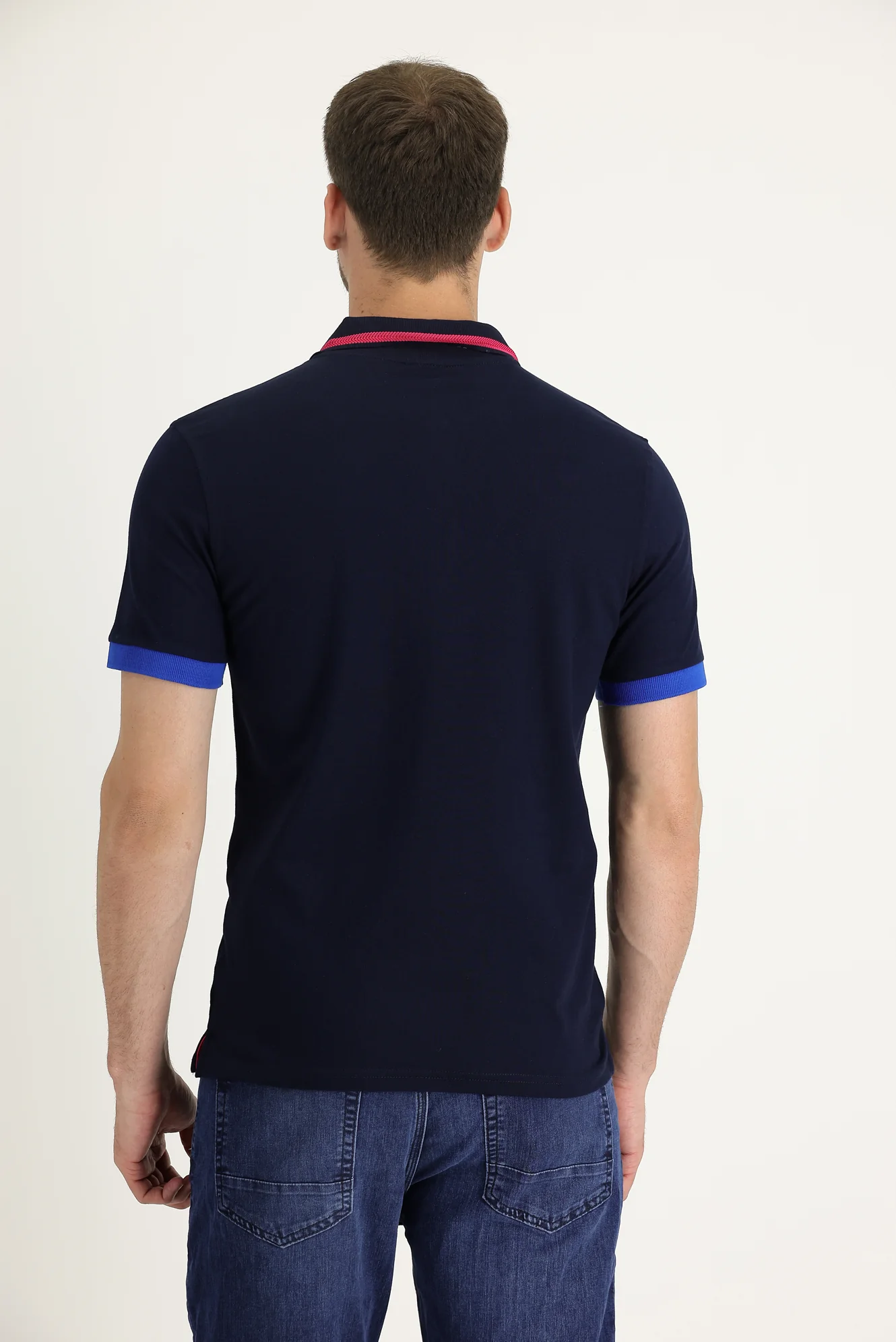 Siyah Lacivert Polo Yaka Slim Fit Dar Kesim Pamuklu Tişört - Image 4