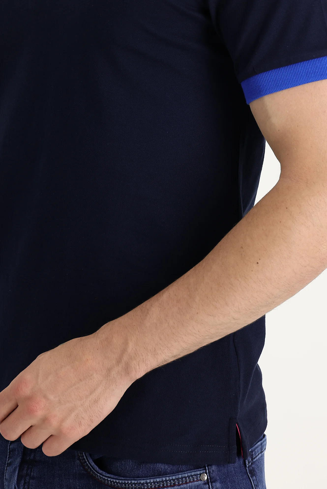 Siyah Lacivert Polo Yaka Slim Fit Dar Kesim Pamuklu Tişört - Image 5