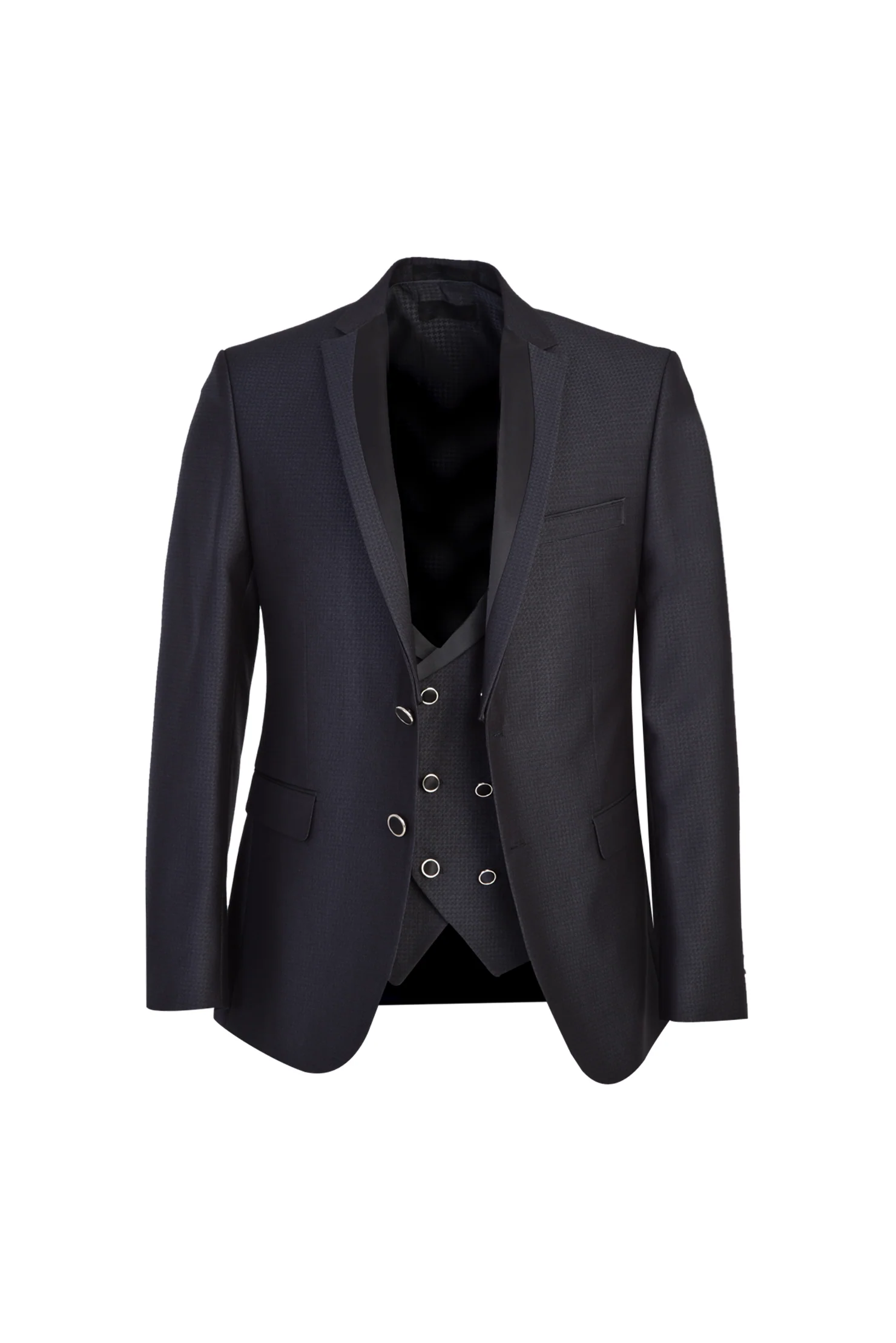 Siyah Lacivert 7 Drop Slim Fit Dar Kesim Mono Yaka Yelekli Smokin & Damatlık - Image 2