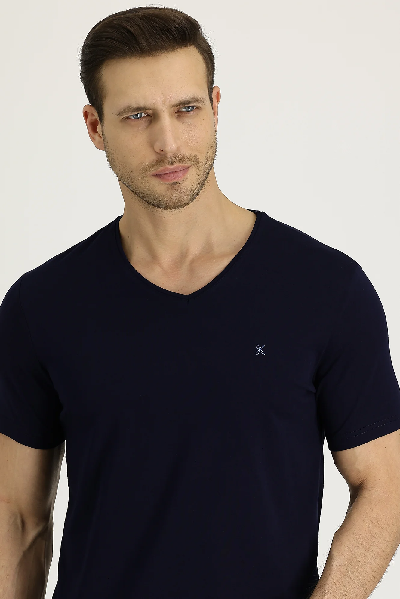Siyah Lacivert V Yaka Slim Fit Dar Kesim Pamuklu Tişört - Image 2