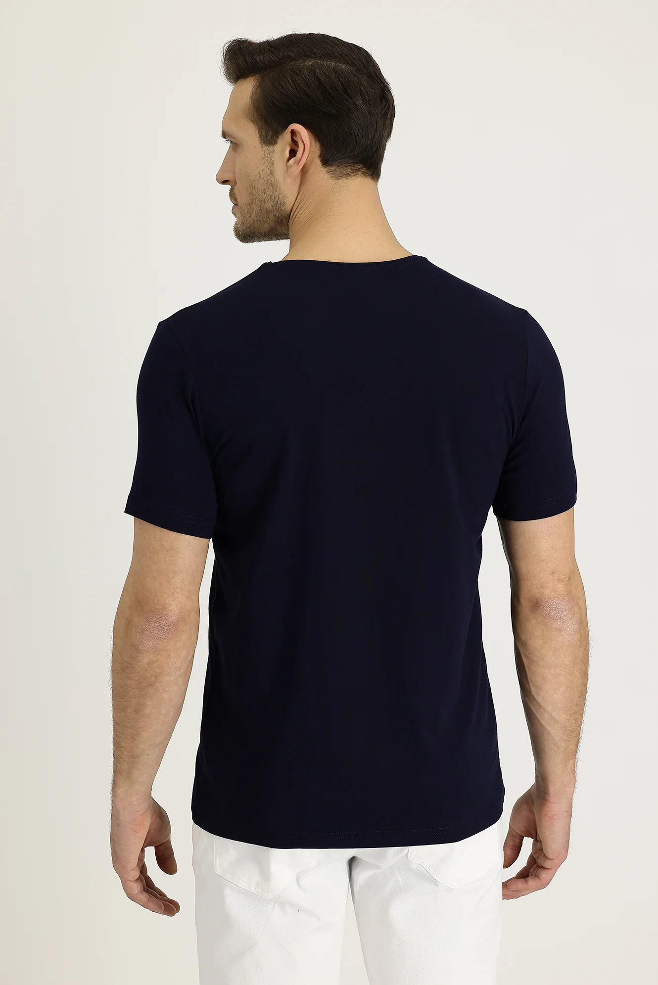 Siyah Lacivert V Yaka Slim Fit Dar Kesim Pamuklu Tişört - Image 3