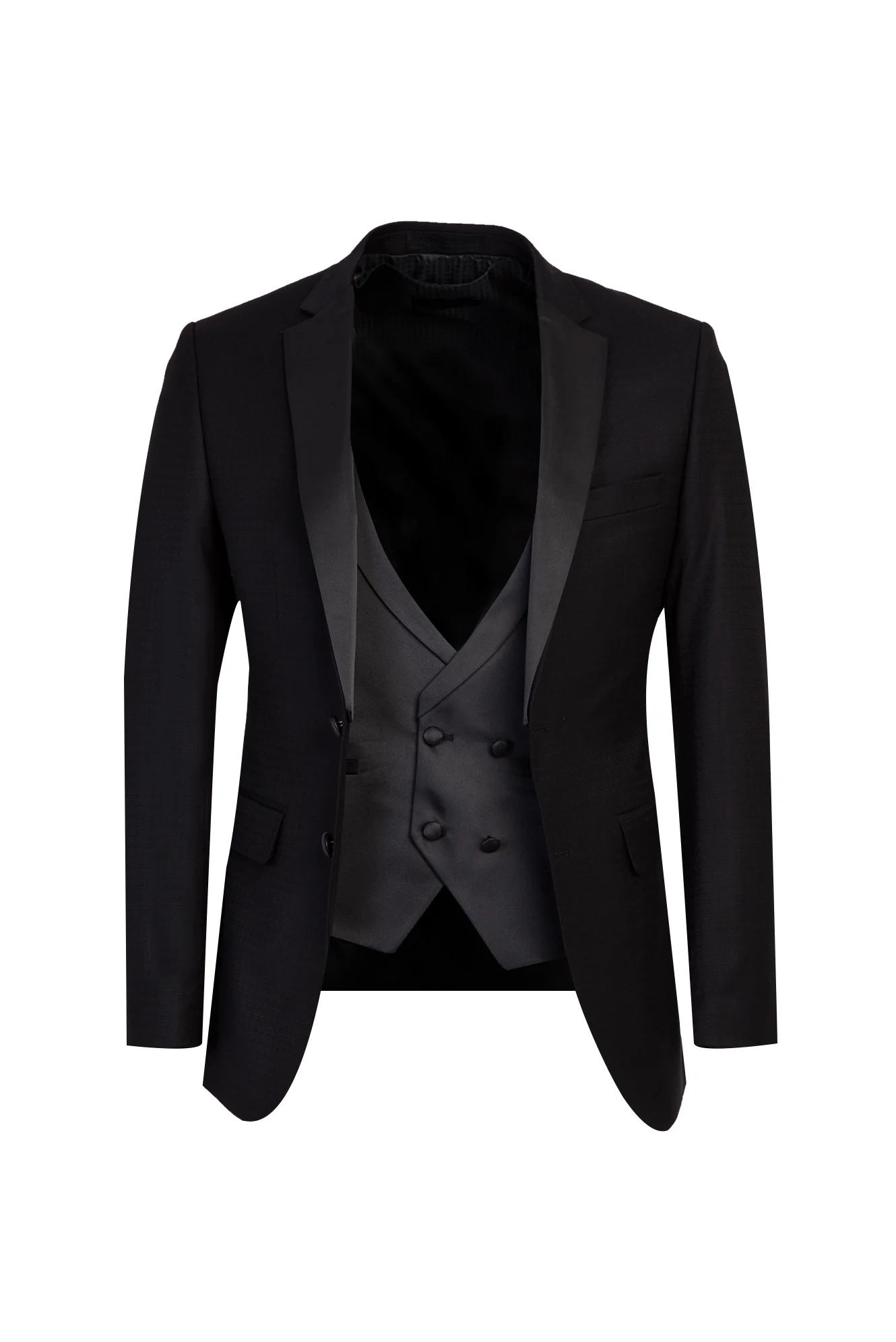 Siyah Mono Yaka Yelekli 7 Drop Slim Fit Dar Kesim Smokin & Damatlık - Image 2