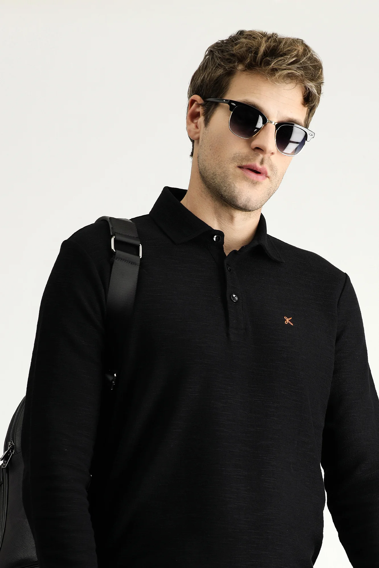 Siyah Polo Yaka Nakışlı Pamuklu Sweatshirt