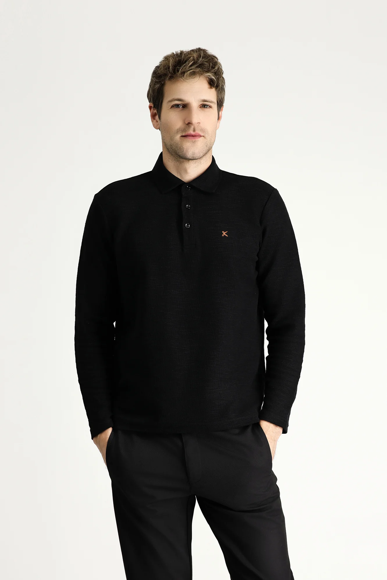 Siyah Polo Yaka Nakışlı Pamuklu Sweatshirt - Image 3