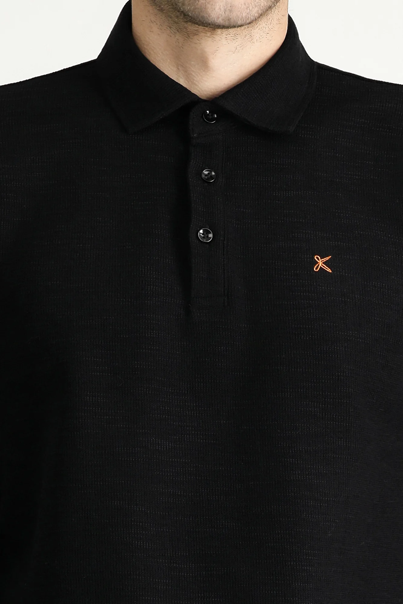 Siyah Polo Yaka Nakışlı Pamuklu Sweatshirt - Image 5